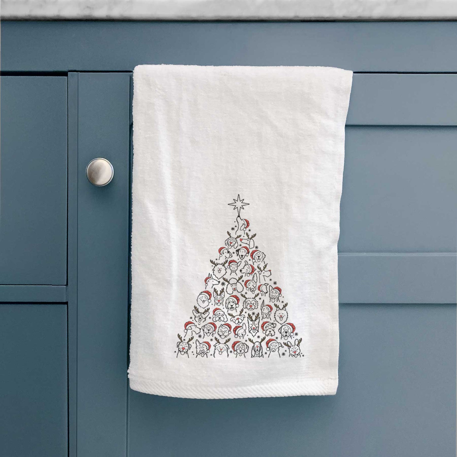 'Christmas Tree of Dogs' design on a decorative hand towel