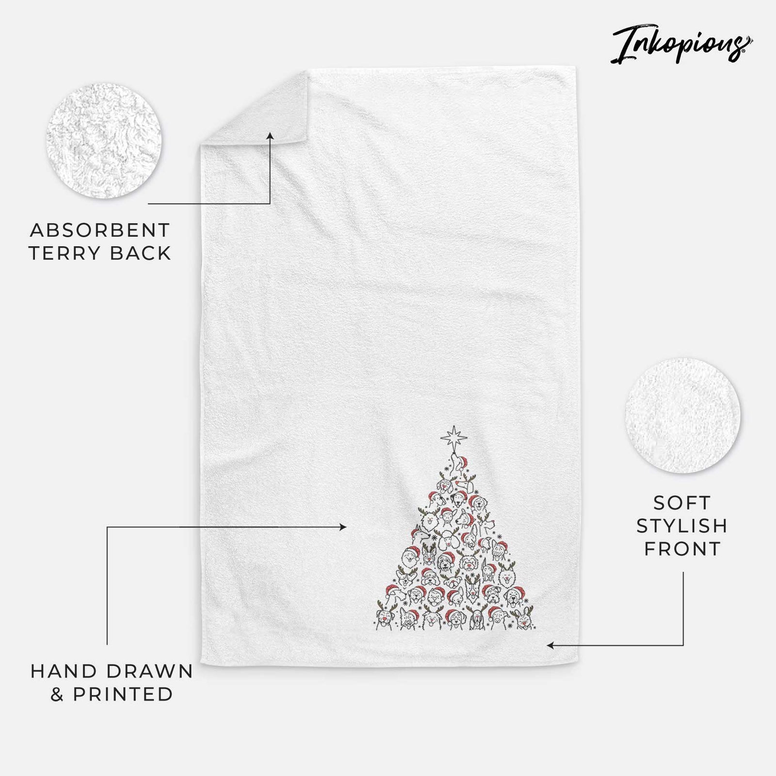 'Christmas Tree of Dogs' design on a decorative hand towel