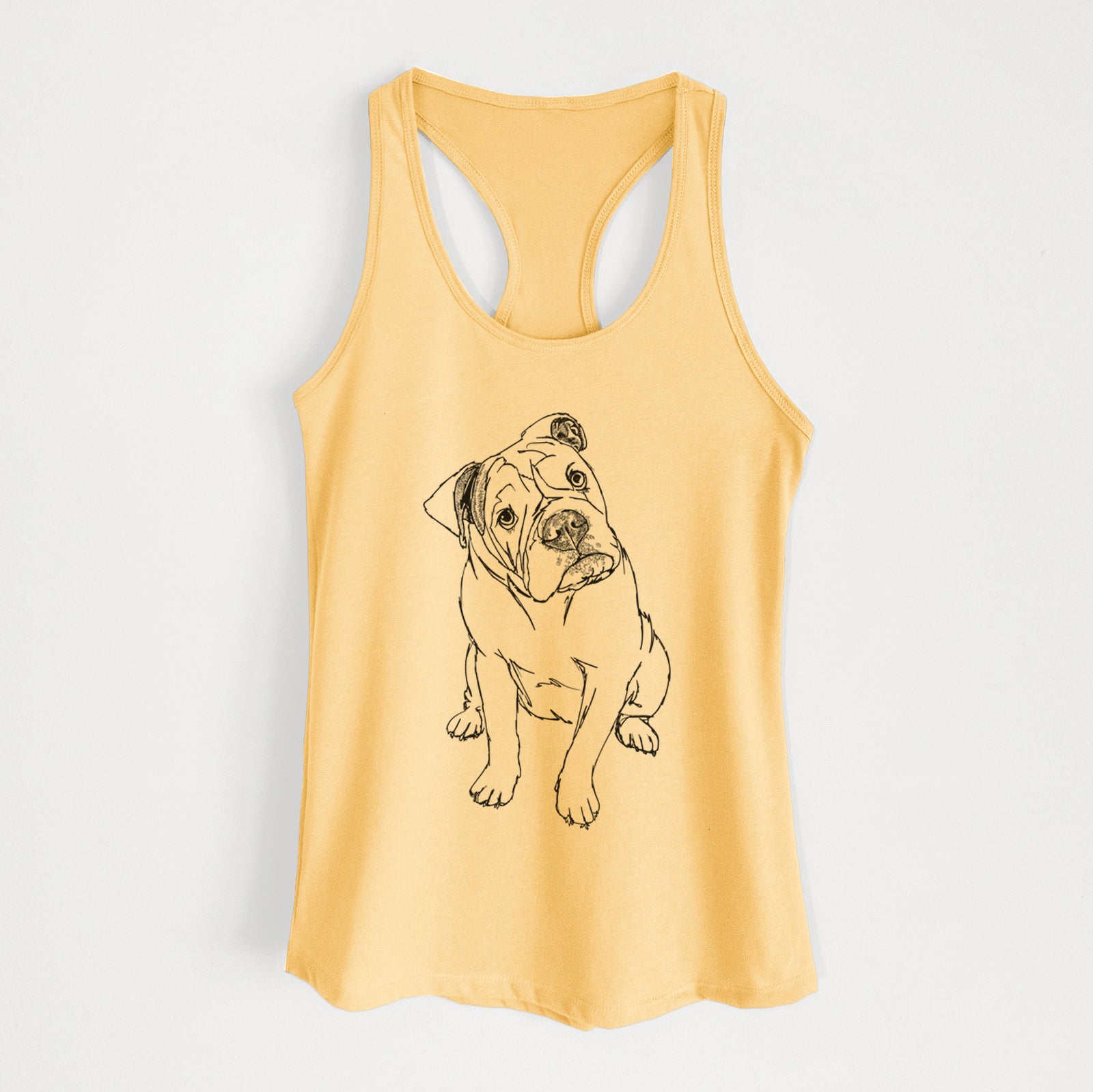 Full-body line drawing of Archie the Olde English Bulldog on a Banana Cream Women's racerback tanktop