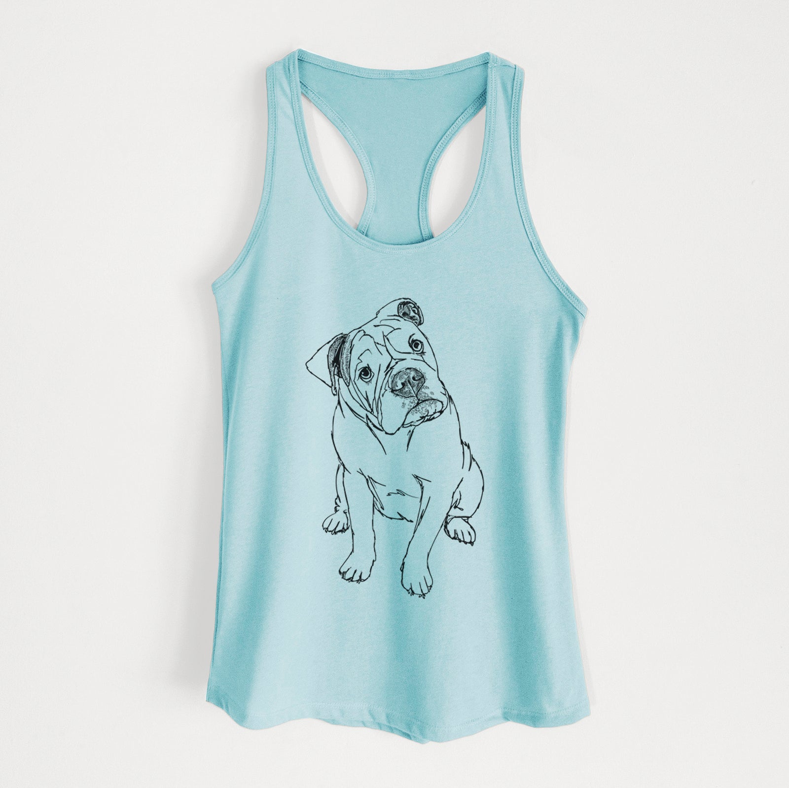 Full-body line drawing of Archie the Olde English Bulldog on a Cancun Blue Women's racerback tanktop