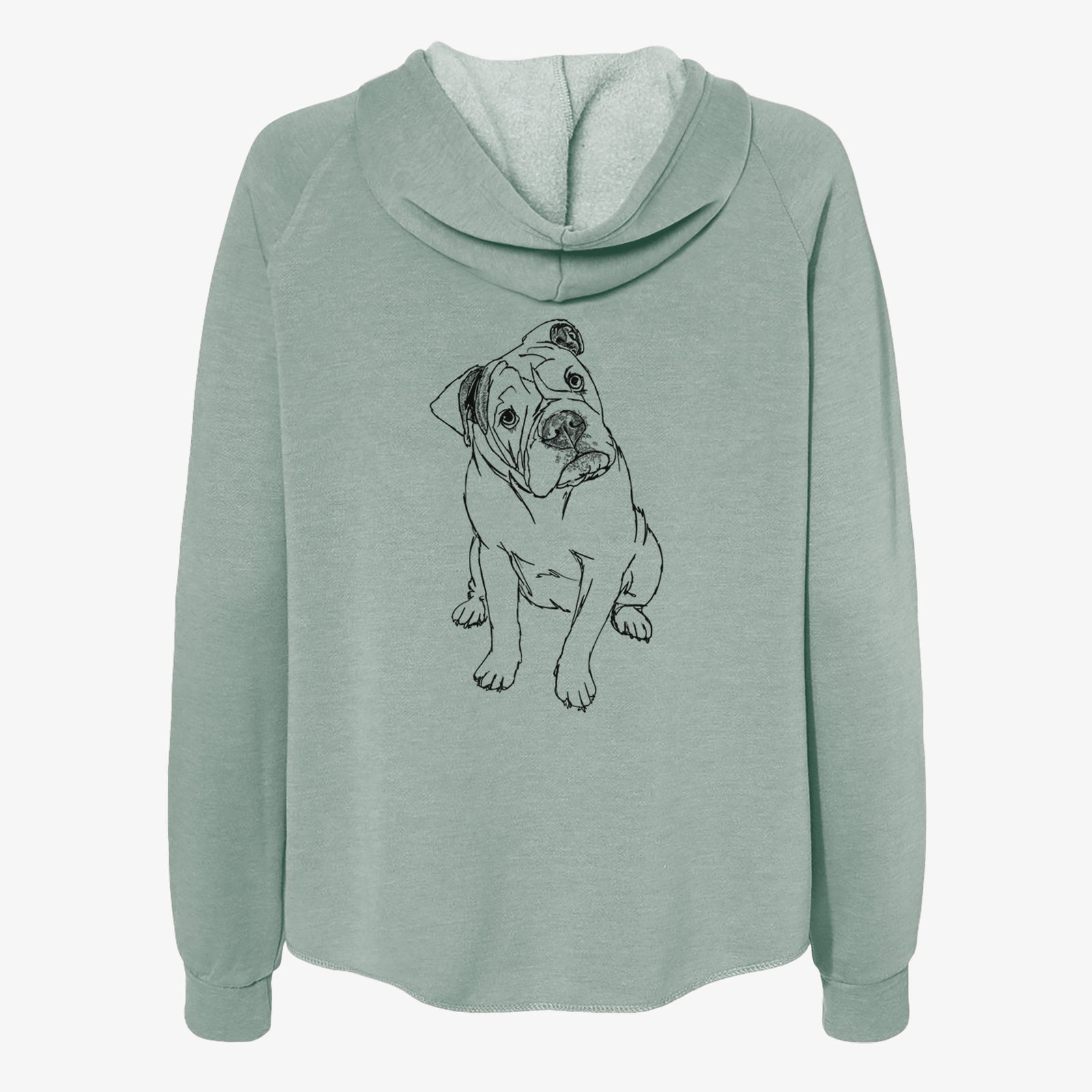 Full-body line drawing of Archie the Olde English Bulldog on a Sage Women's cali wave zip-up sweatshirt