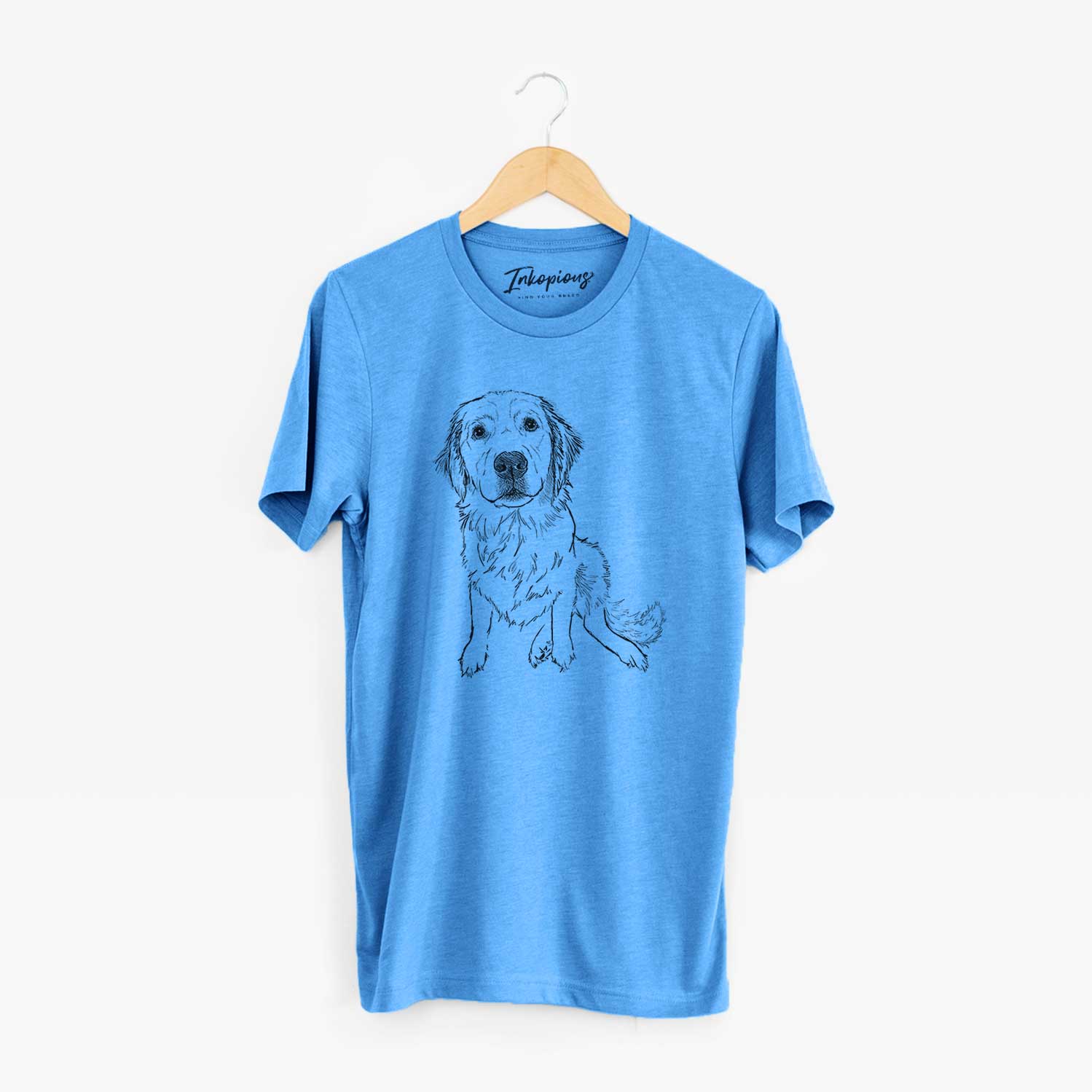 Full-body line drawing of Autumn the Golden Retriever Puppy on a Blue Unisex crewneck