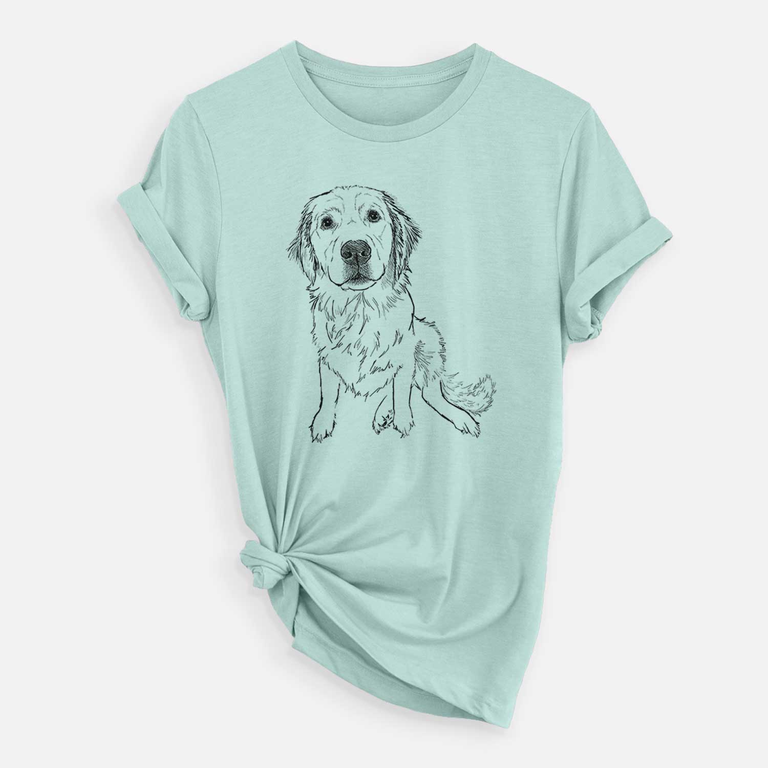 Full-body line drawing of Autumn the Golden Retriever Puppy on a Heather Sage Unisex crewneck