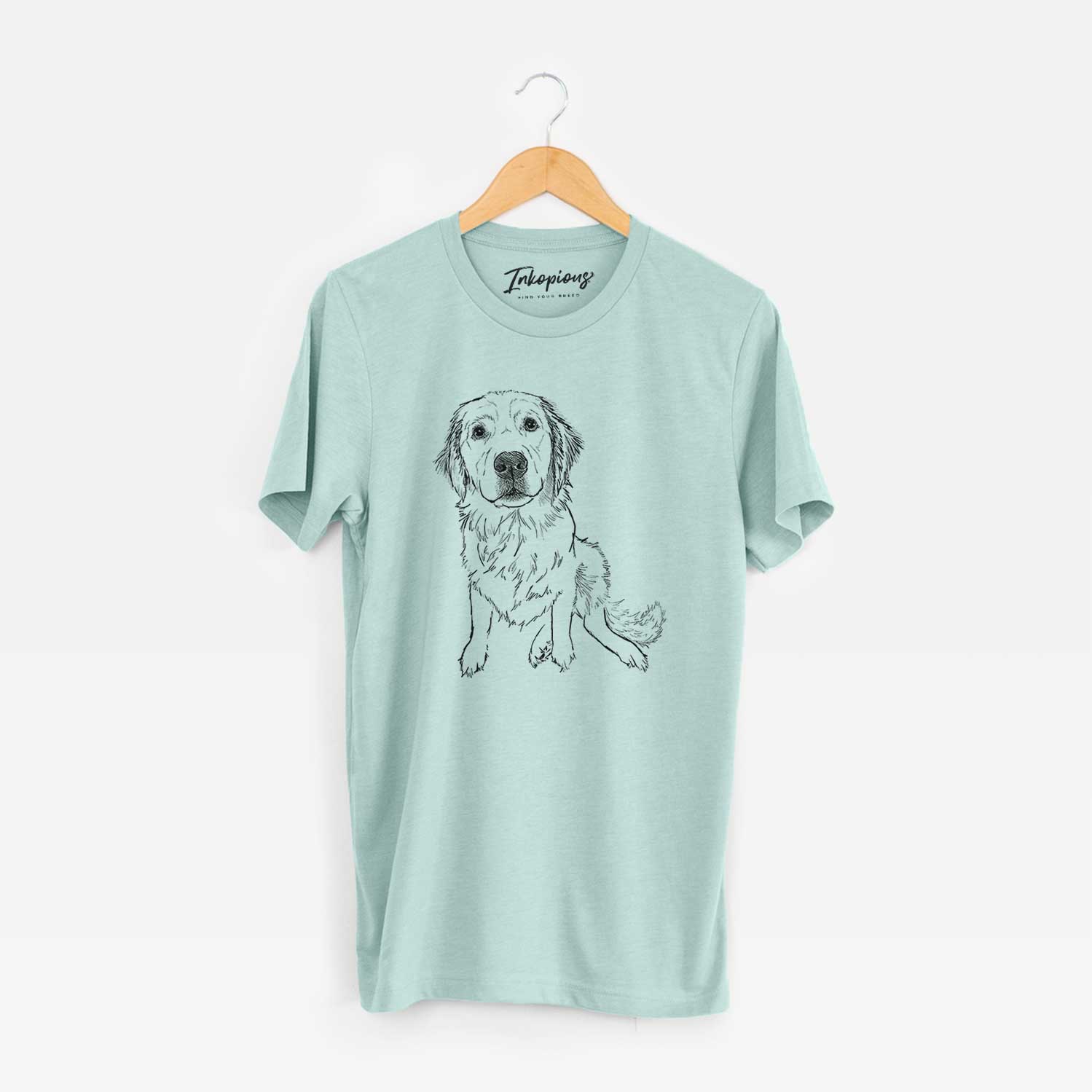 Full-body line drawing of Autumn the Golden Retriever Puppy on a Heather Sage Unisex crewneck