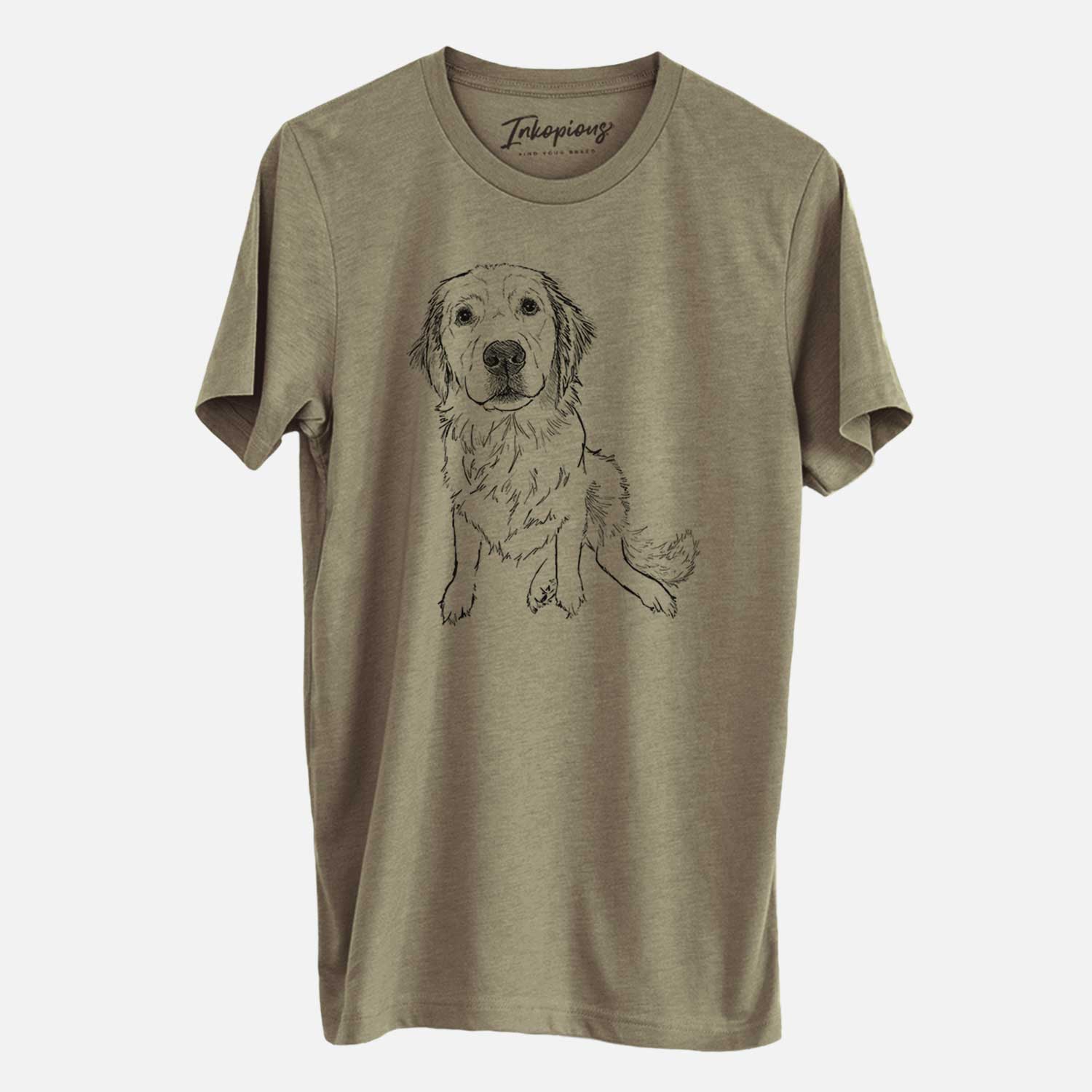Full-body line drawing of Autumn the Golden Retriever Puppy on an Olive Unisex crewneck