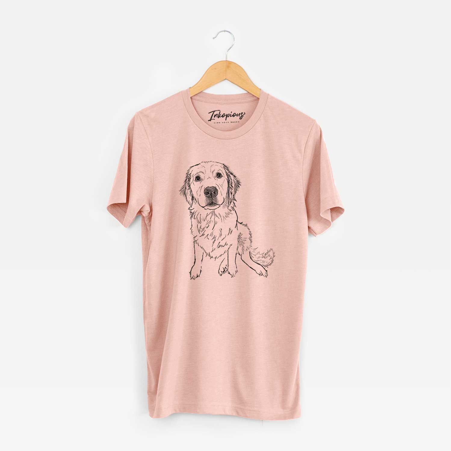 Full-body line drawing of Autumn the Golden Retriever Puppy on a Peach Unisex crewneck