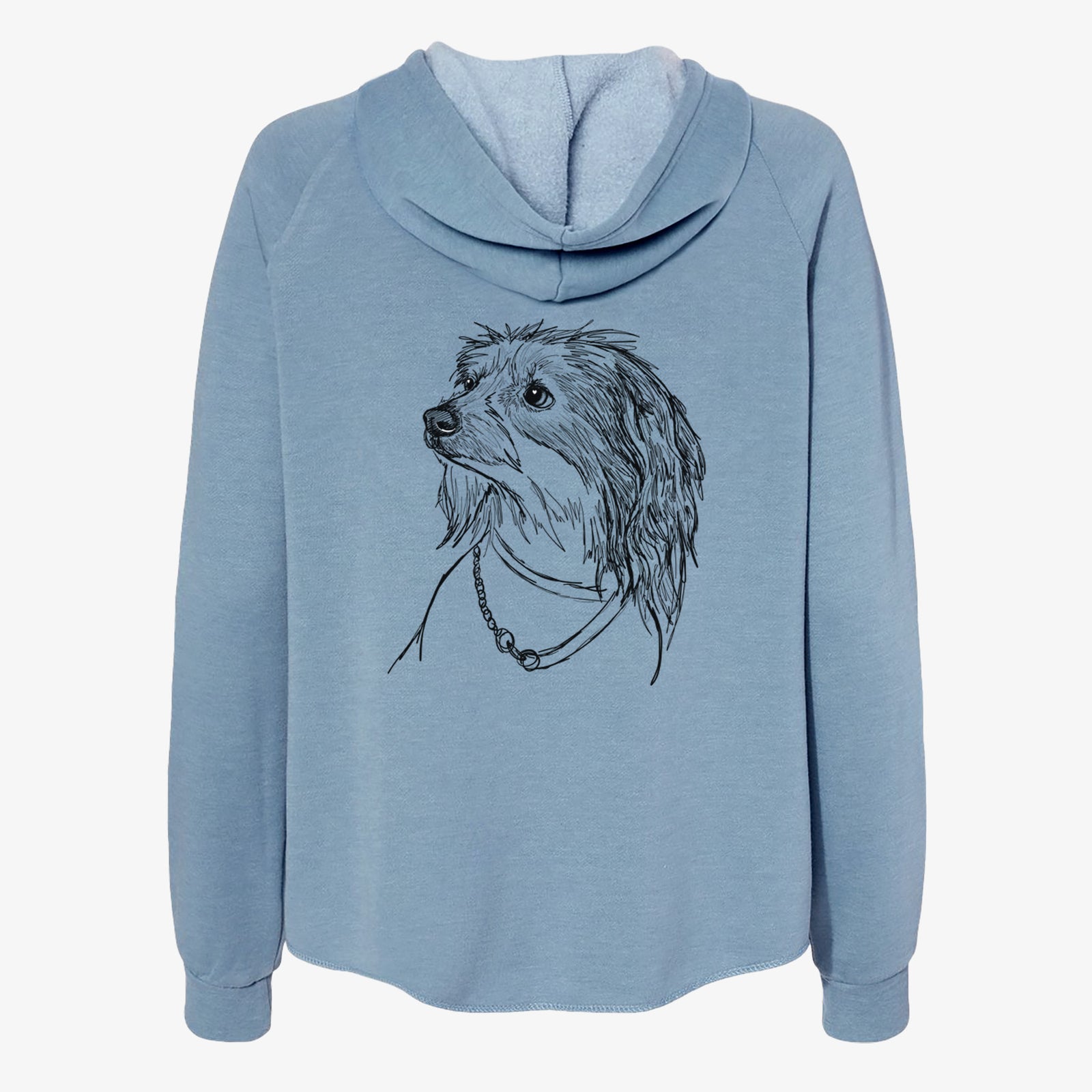 Full-body line drawing of Ava Olivia the Chinese Crested on a Misty Blue Women's cali wave zip-up sweatshirt