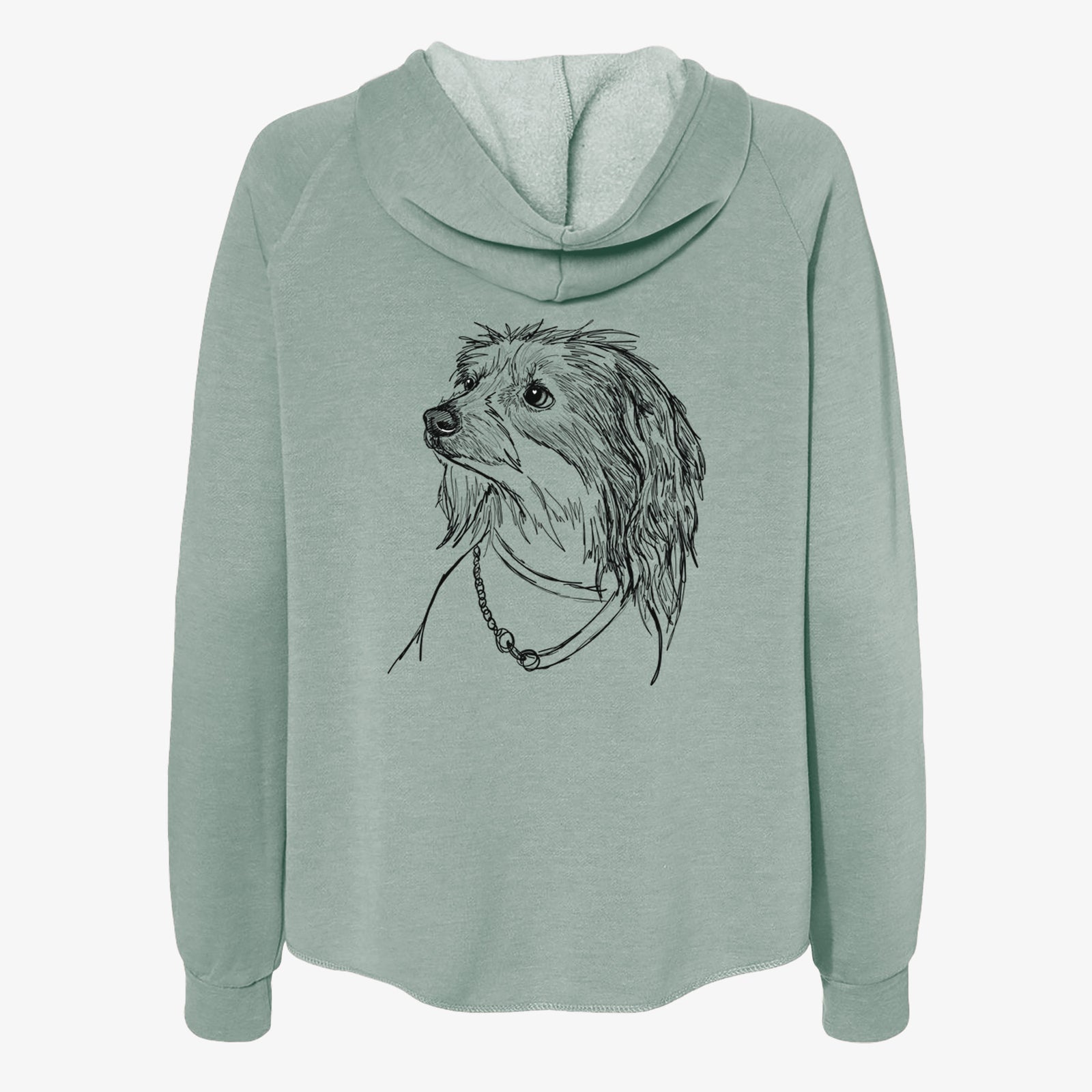Full-body line drawing of Ava Olivia the Chinese Crested on a Sage Women's cali wave zip-up sweatshirt