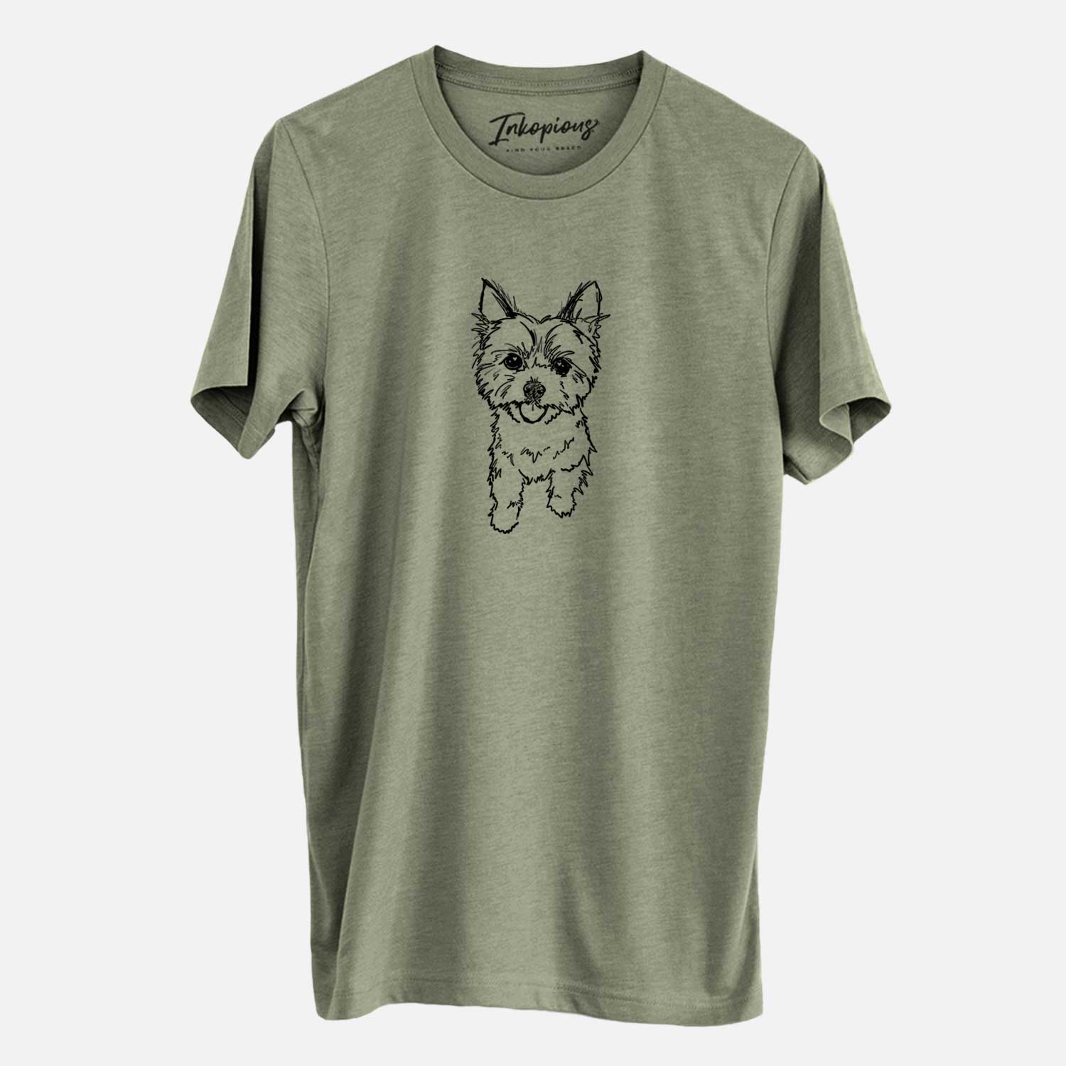 Full-body line drawing of Axl the Yorkshire Terrier on an Olive Unisex crewneck