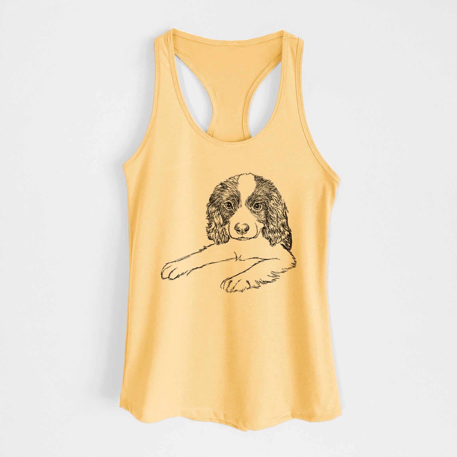 Full-body line drawing of Bandit the English Springer Spaniel Puppy on a Banana Cream Women's racerback tanktop