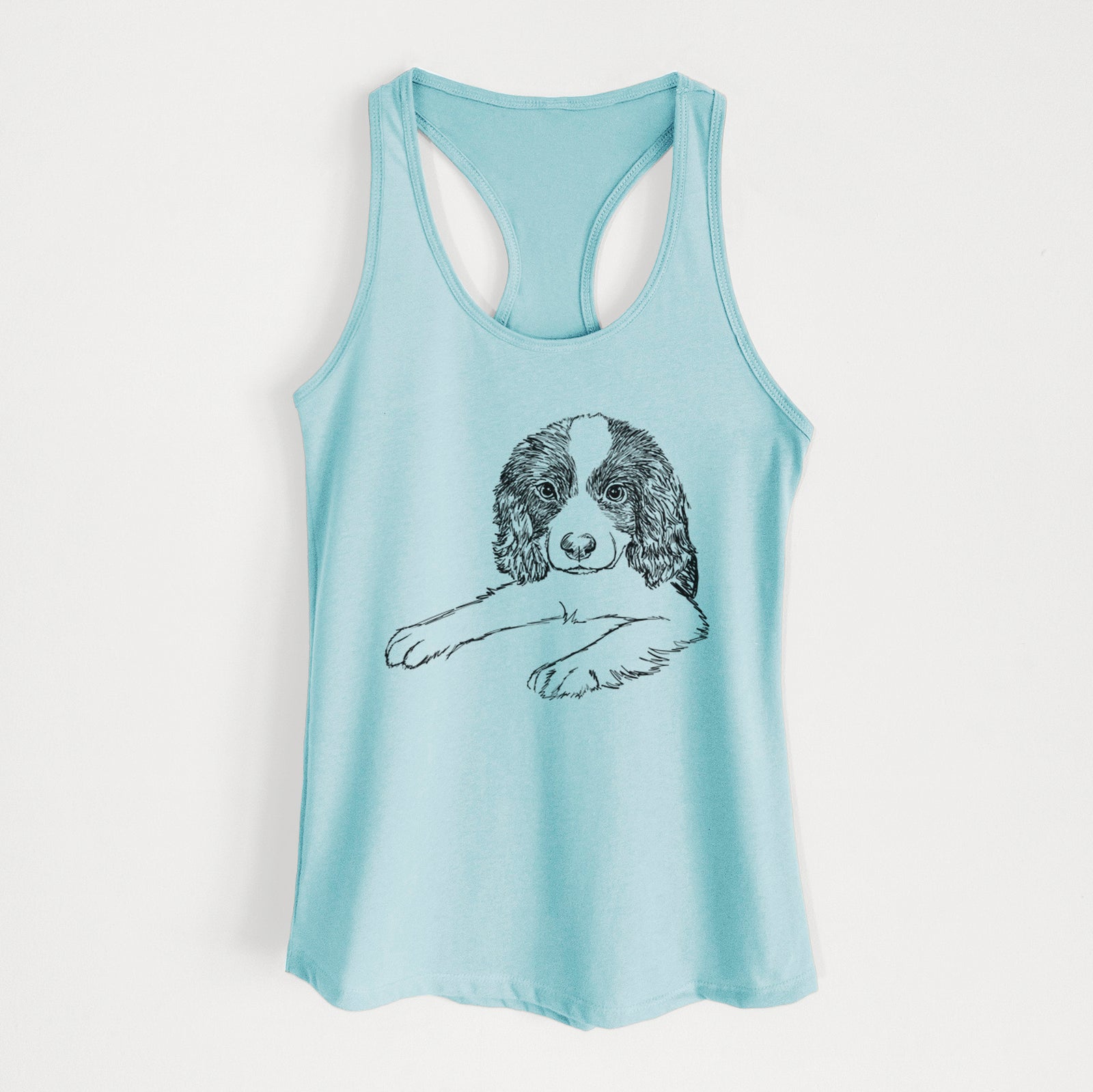 Full-body line drawing of Bandit the English Springer Spaniel Puppy on a Cancun Blue Women's racerback tanktop