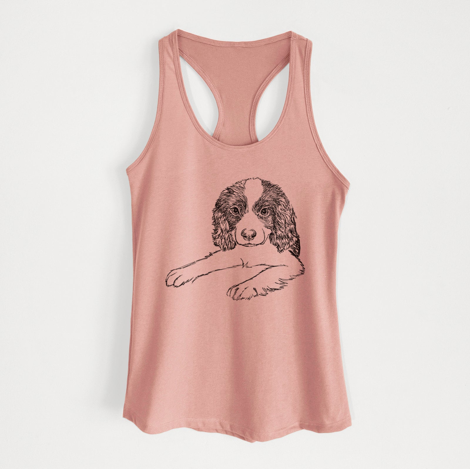 Full-body line drawing of Bandit the English Springer Spaniel Puppy on a Desert Pink Women's racerback tanktop