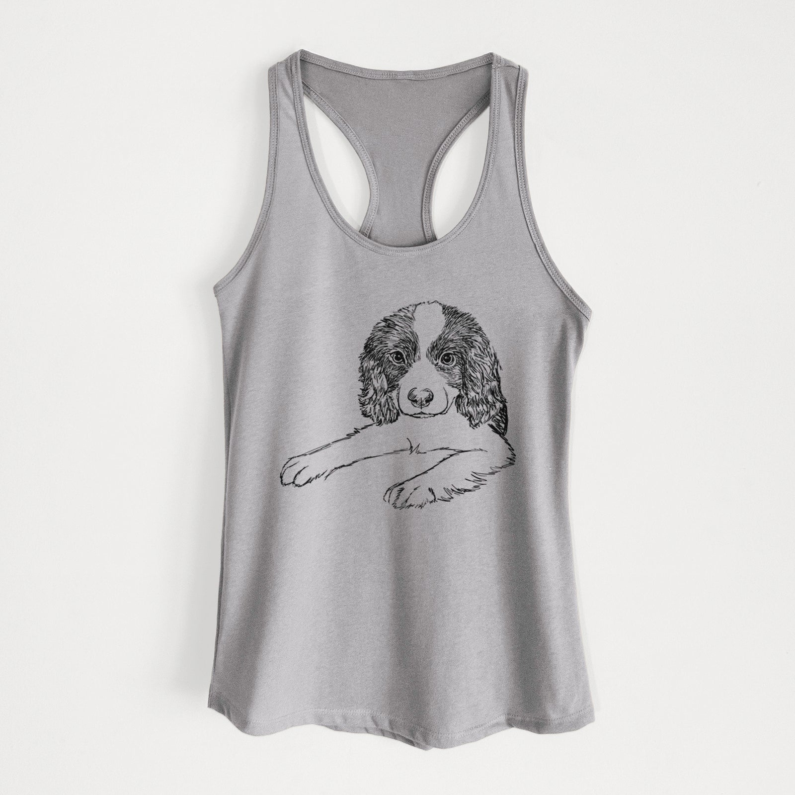 Full-body line drawing of Bandit the English Springer Spaniel Puppy on a Heather Grey Women's racerback tanktop