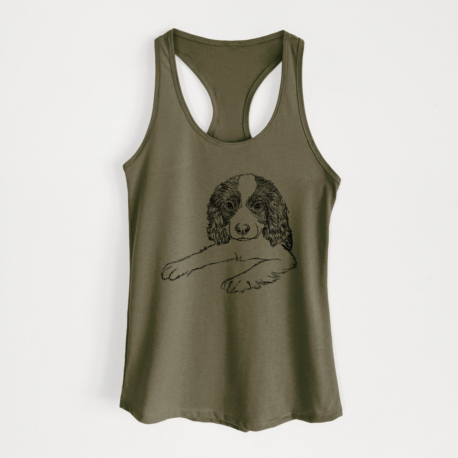 Full-body line drawing of Bandit the English Springer Spaniel Puppy on a Military Green Women's racerback tanktop