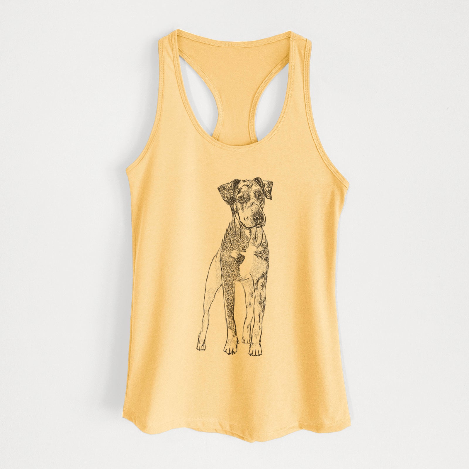 Full-body line drawing of Bane the Catahoula on a Banana Cream Women's racerback tanktop