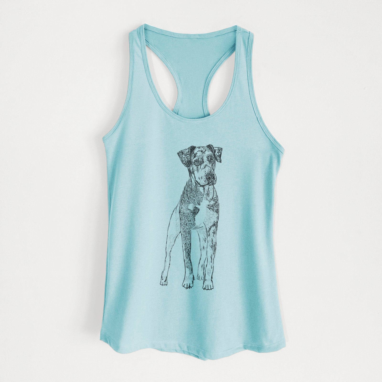 Full-body line drawing of Bane the Catahoula on a Cancun Blue Women's racerback tanktop