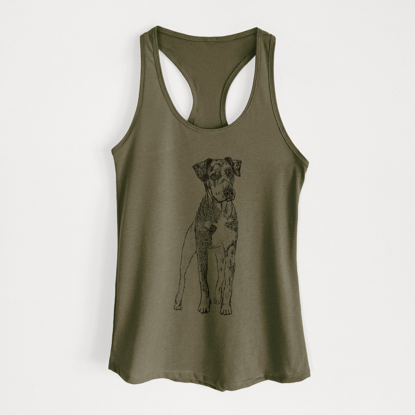 Full-body line drawing of Bane the Catahoula on a Military Green Women's racerback tanktop