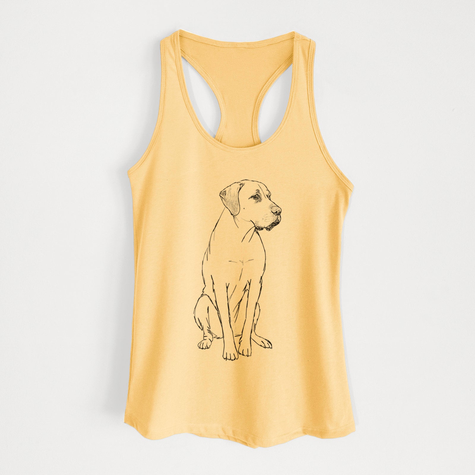 Full-body line drawing of Barney the Labrador Retriever Mix on a Banana Cream Women's racerback tanktop
