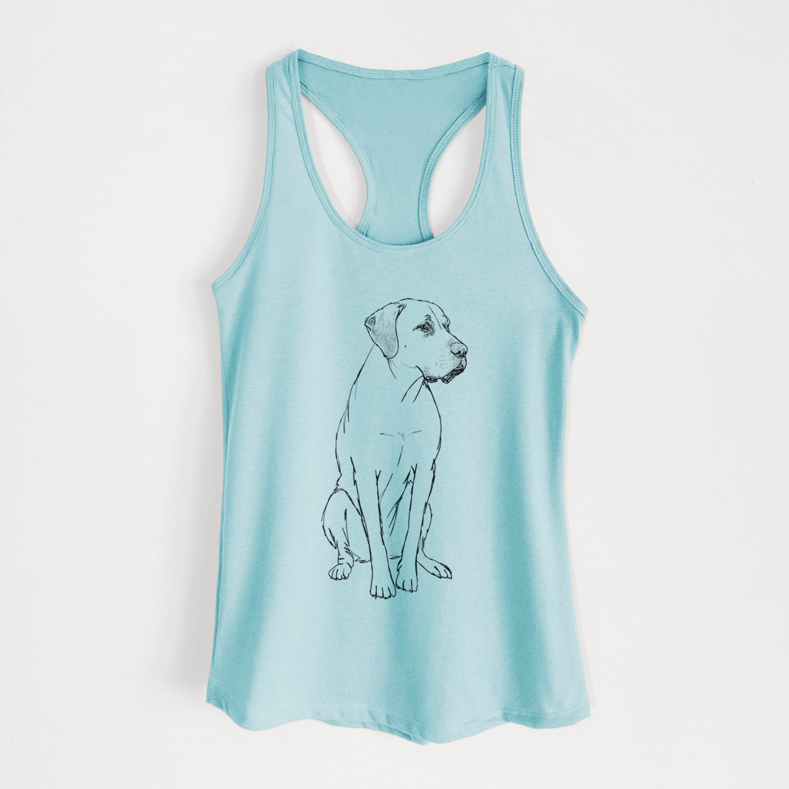 Full-body line drawing of Barney the Labrador Retriever Mix on a Cancun Blue Women's racerback tanktop