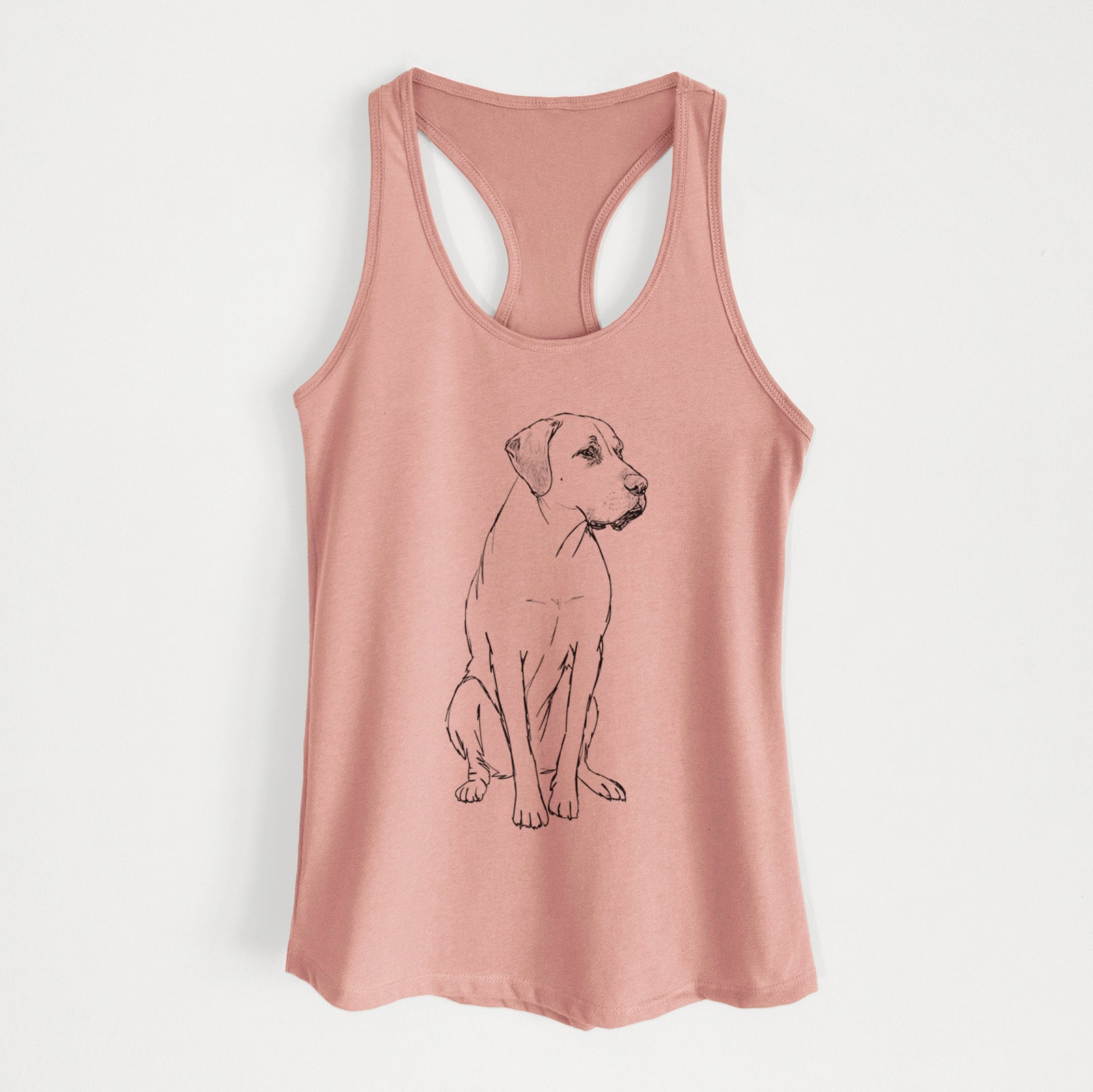 Full-body line drawing of Barney the Labrador Retriever Mix on a Desert Pink Women's racerback tanktop