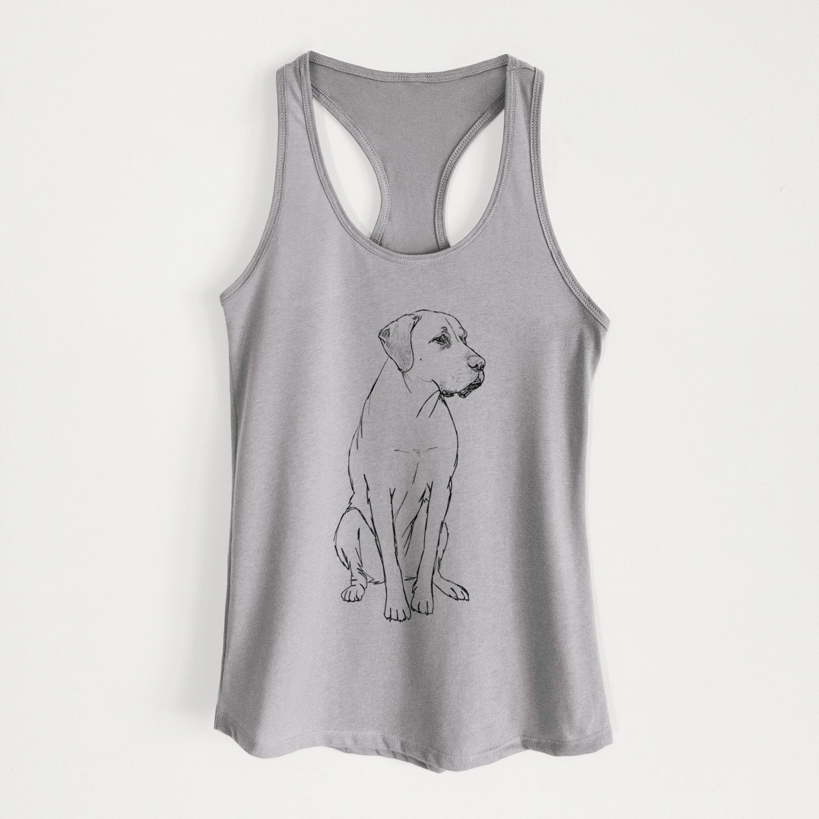 Full-body line drawing of Barney the Labrador Retriever Mix on a Heather Grey Women's racerback tanktop