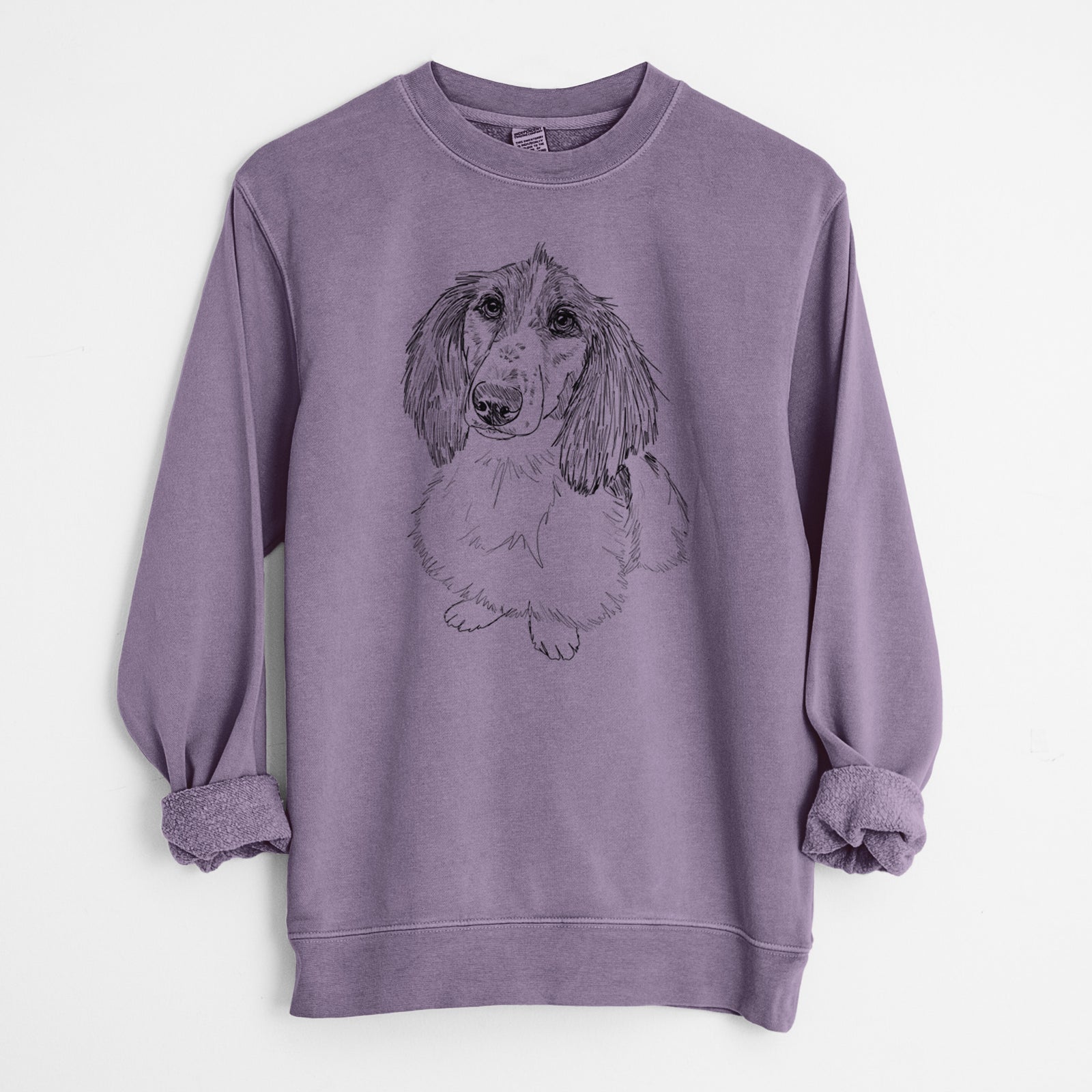 Doodled Bella the Long Haired Dachshund - Unisex Pigment Dyed Crew Sweatshirt