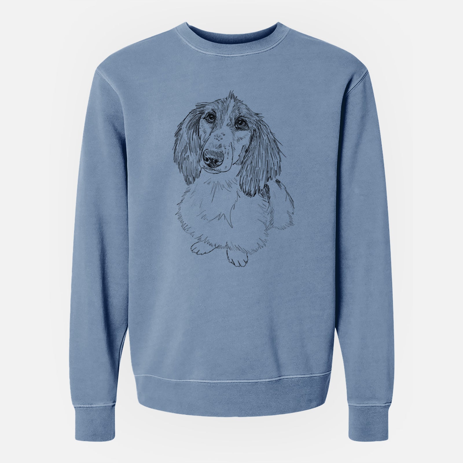 Doodled Bella the Long Haired Dachshund - Unisex Pigment Dyed Crew Sweatshirt