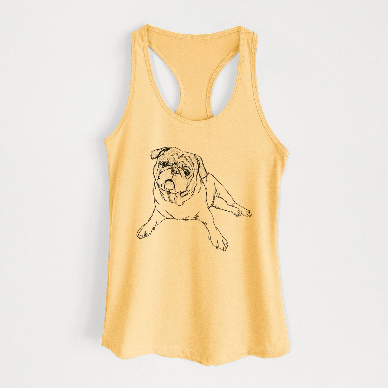 Full-body line drawing of Benny the Pug on a Banana Cream Women's racerback tanktop