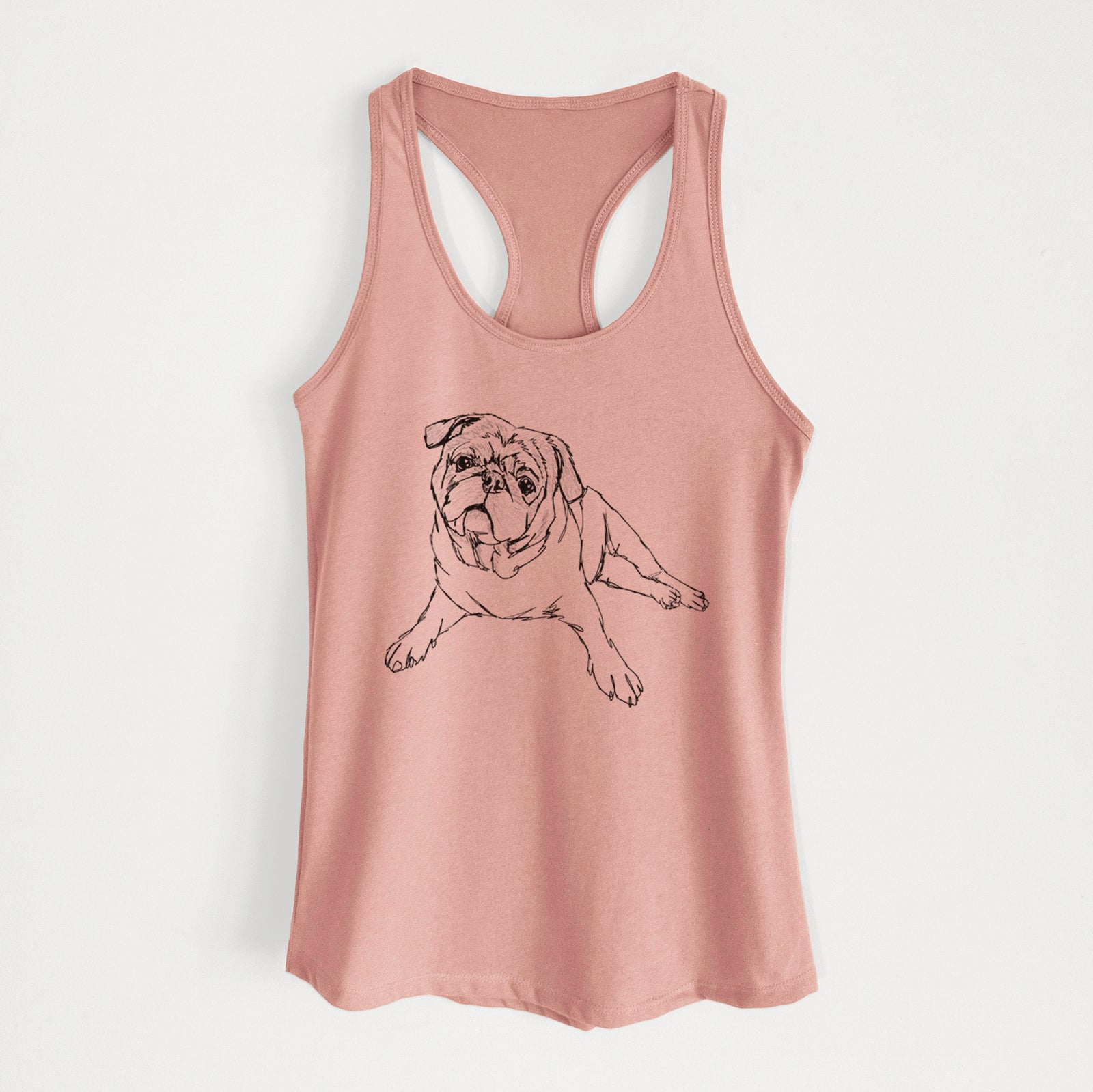 Full-body line drawing of Benny the Pug on a Desert Pink Women's racerback tanktop