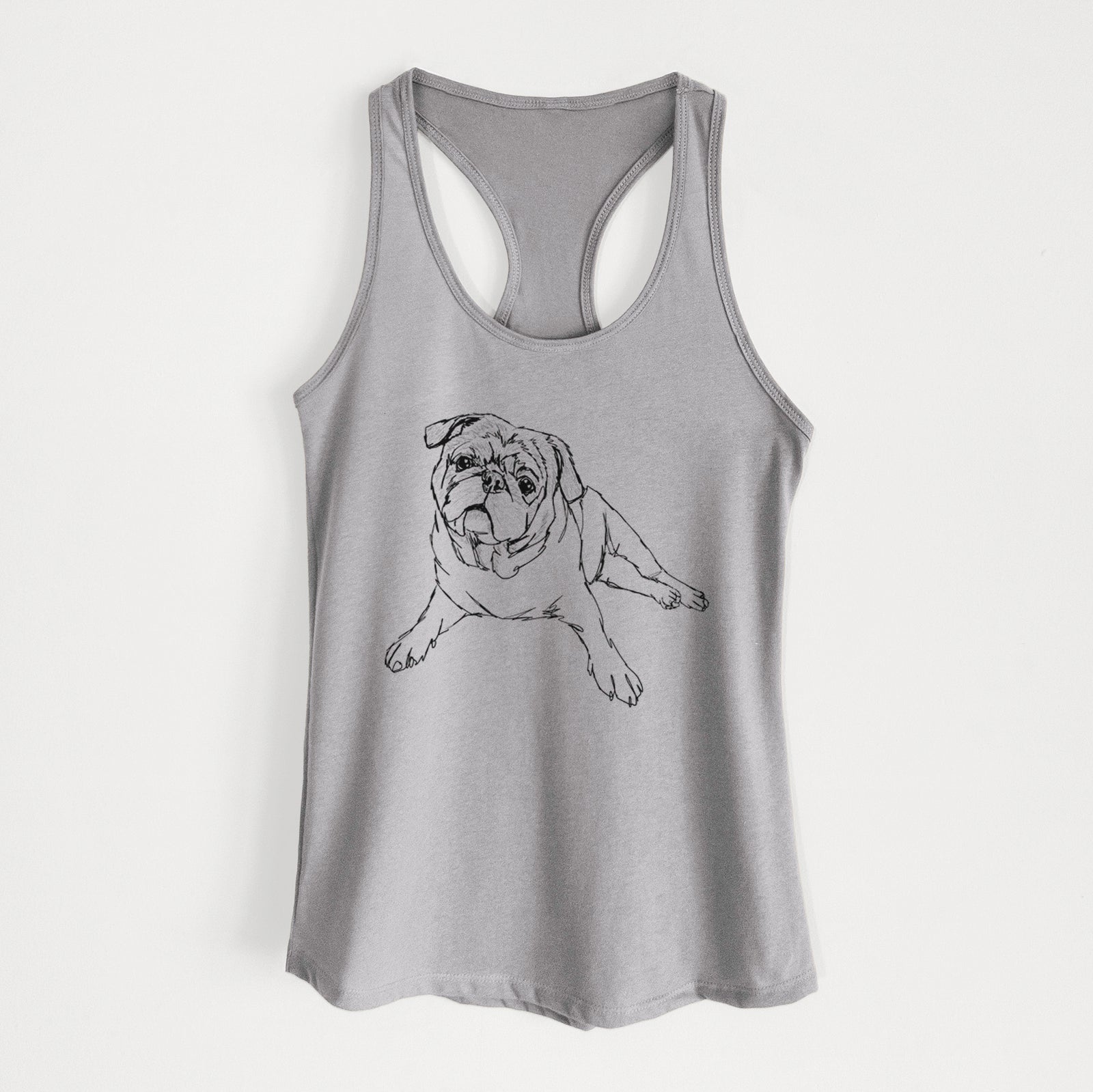 Full-body line drawing of Benny the Pug on a Heather Grey Women's racerback tanktop