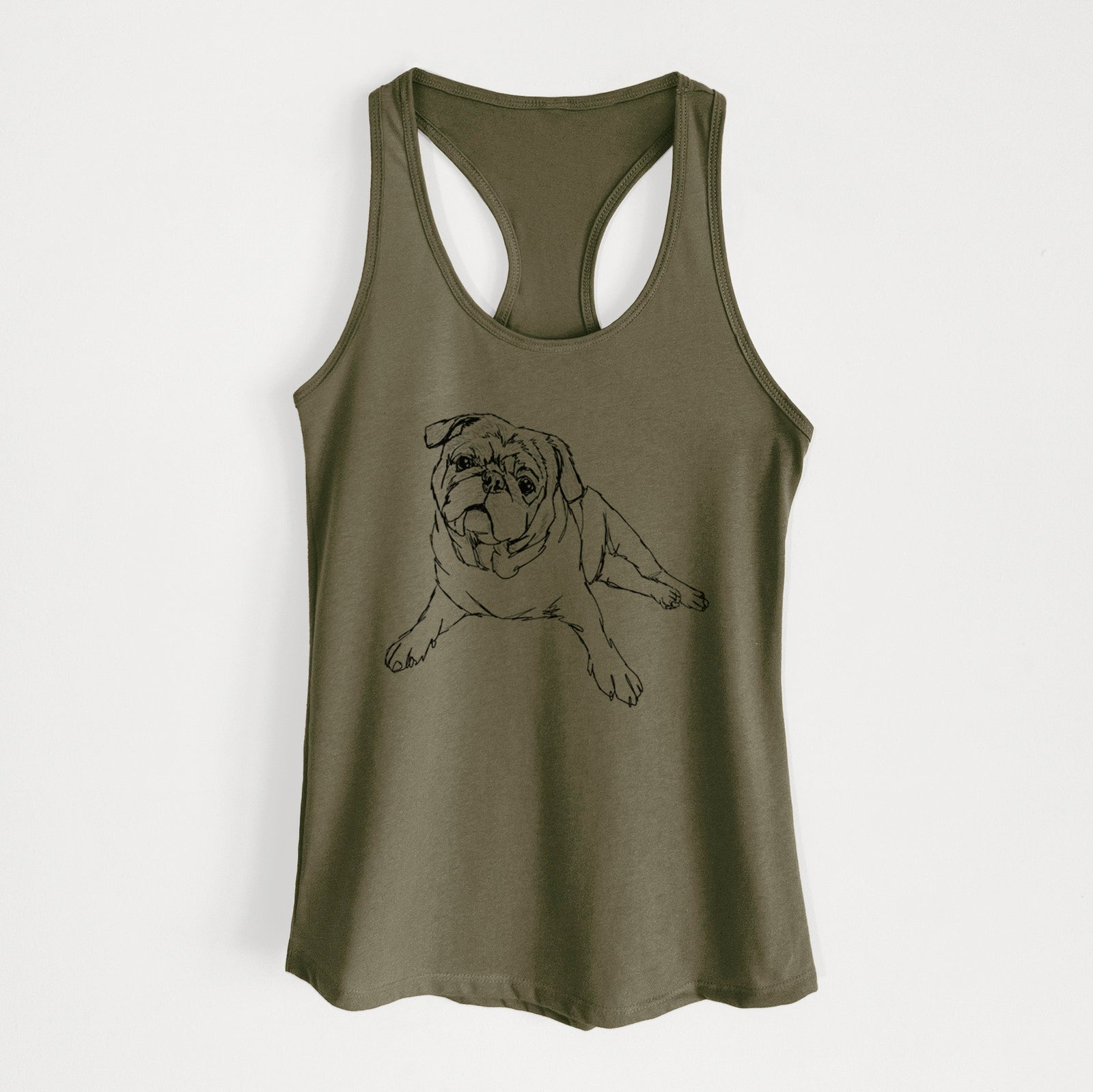 Full-body line drawing of Benny the Pug on a Military Green Women's racerback tanktop