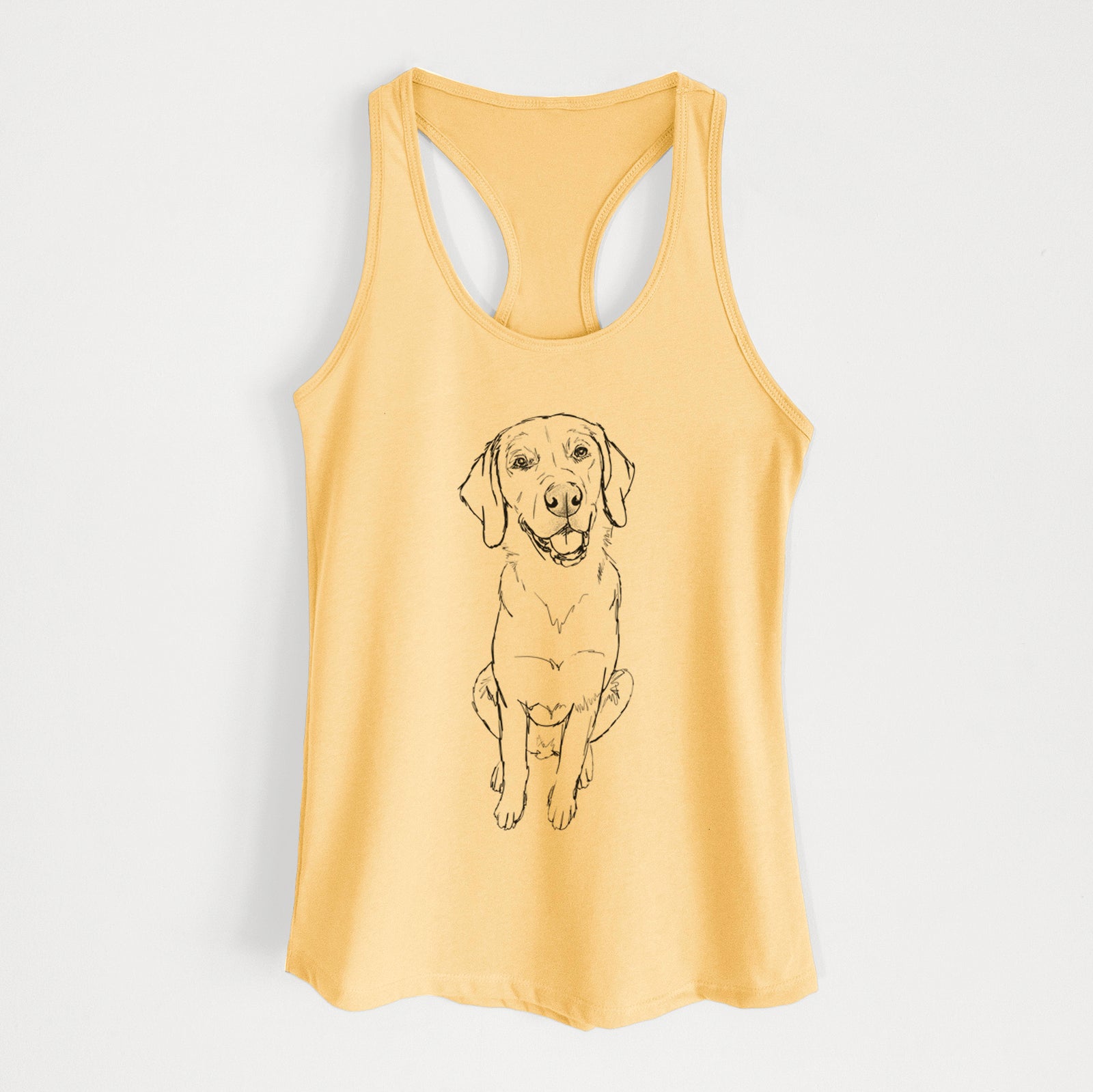 Full-body line drawing of Bentley the Goldador on a Banana Cream Women's racerback tanktop