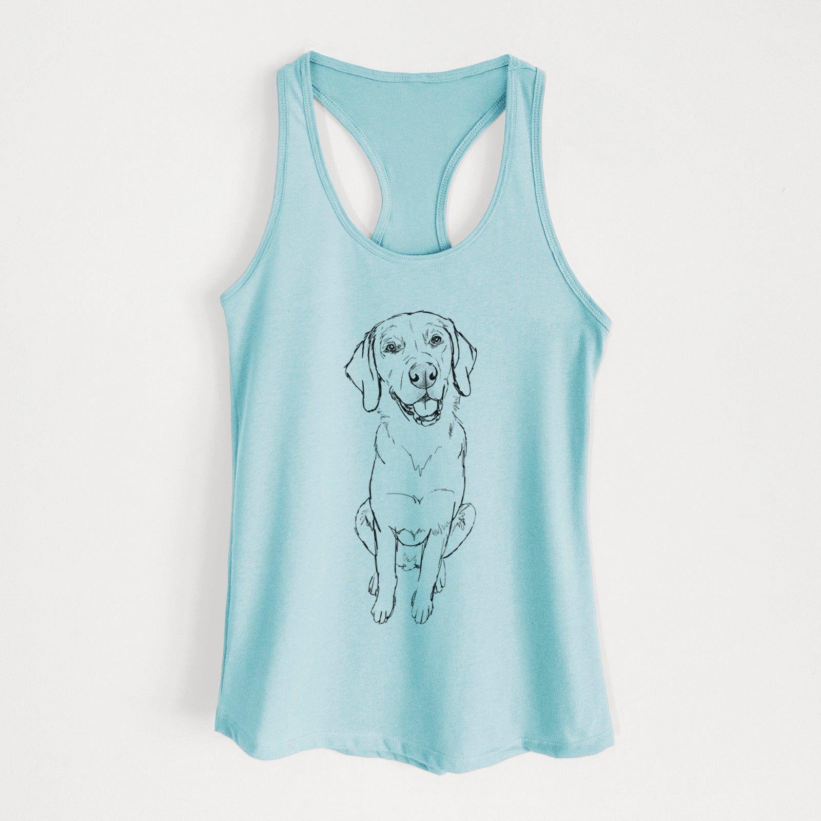 Full-body line drawing of Bentley the Goldador on a Cancun Blue Women's racerback tanktop