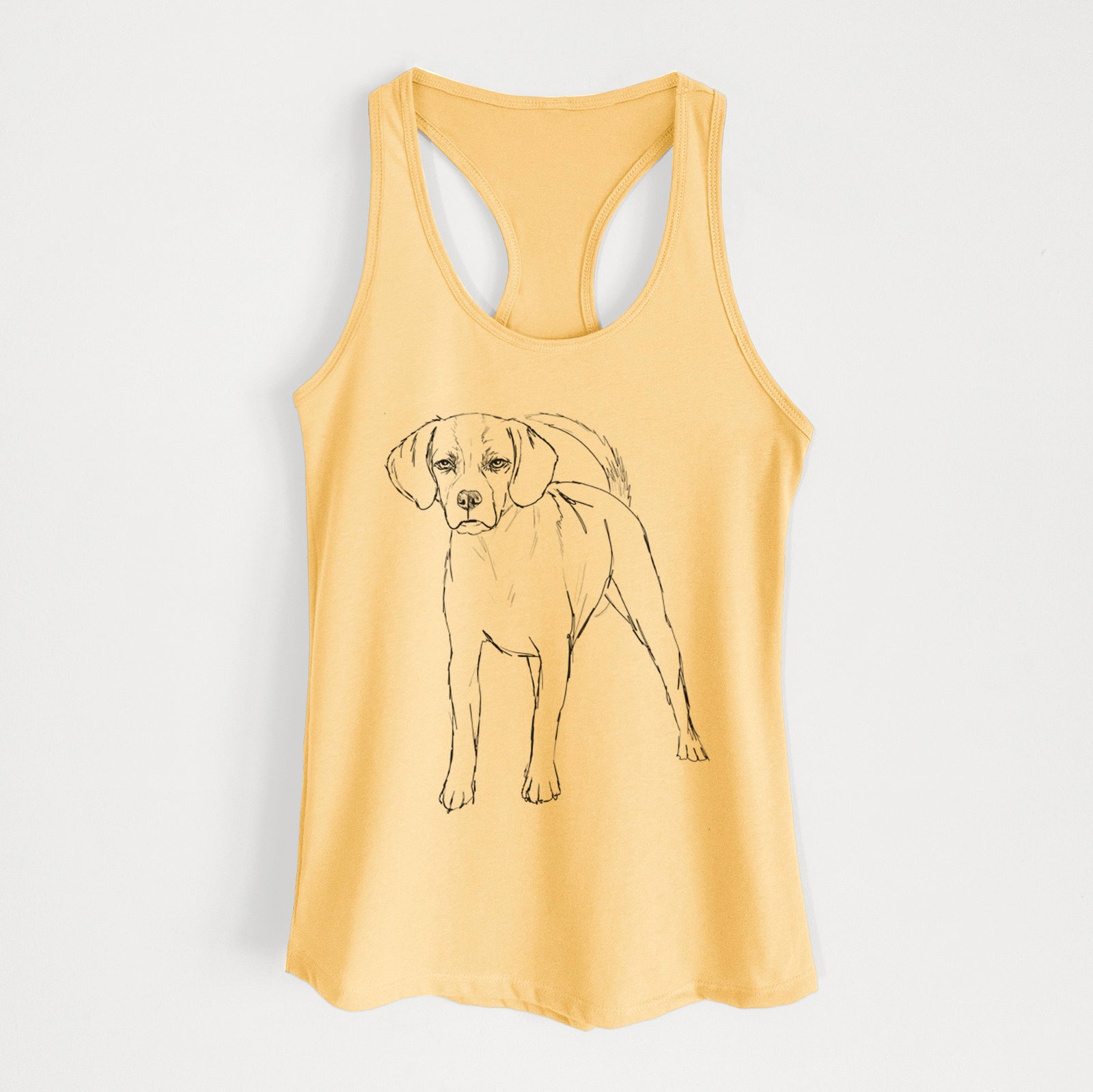 Full-body line drawing of Bentley the Puggle on a Banana Cream Women's racerback tanktop