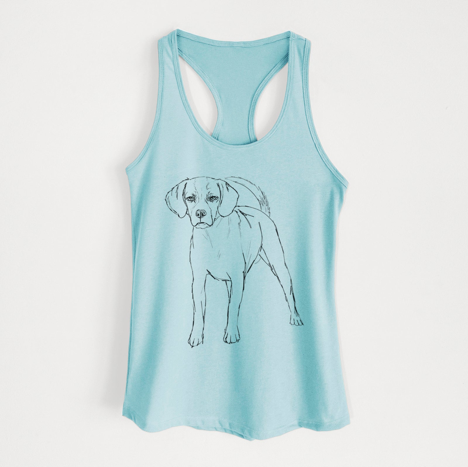 Full-body line drawing of Bentley the Puggle on a Cancun Blue Women's racerback tanktop