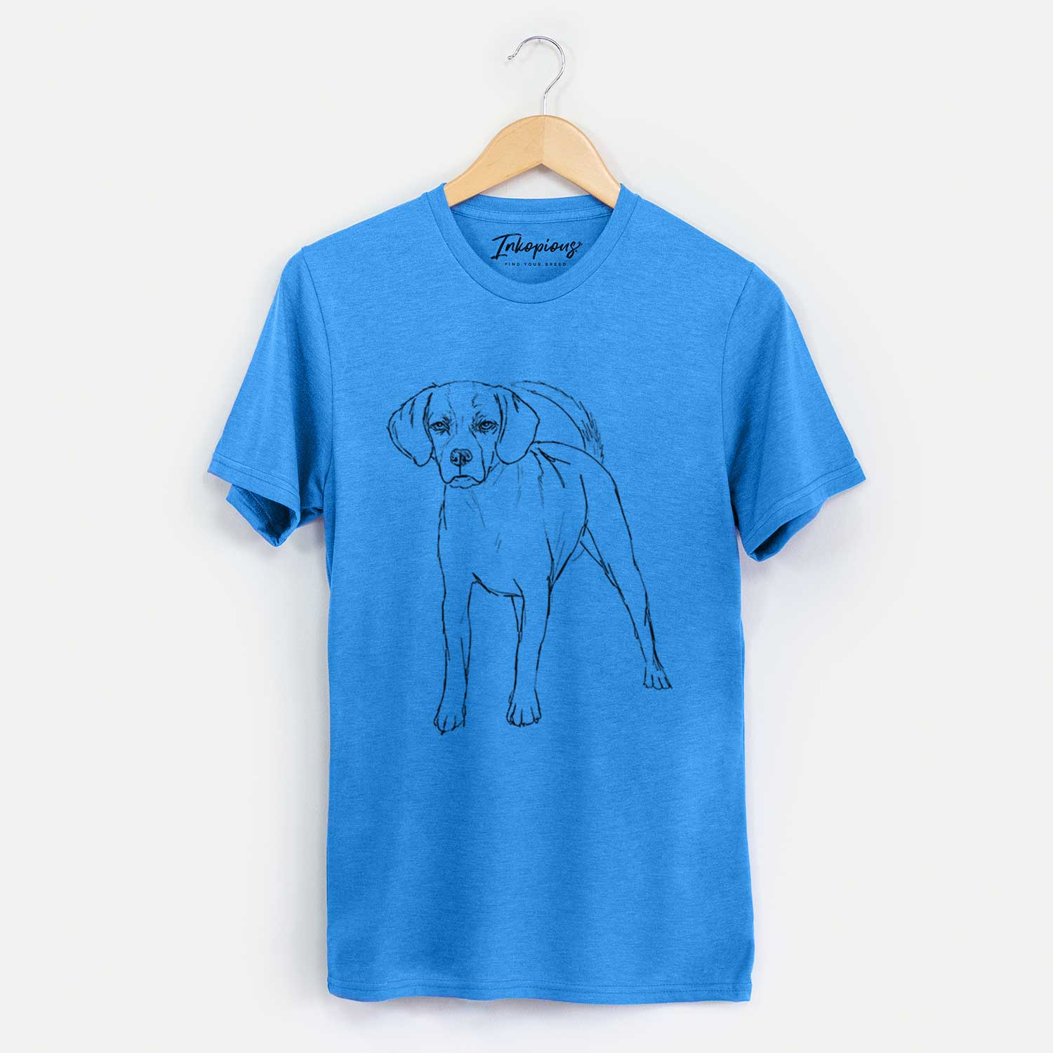 Full-body line drawing of Bentley the Puggle on a Blue Unisex crewneck