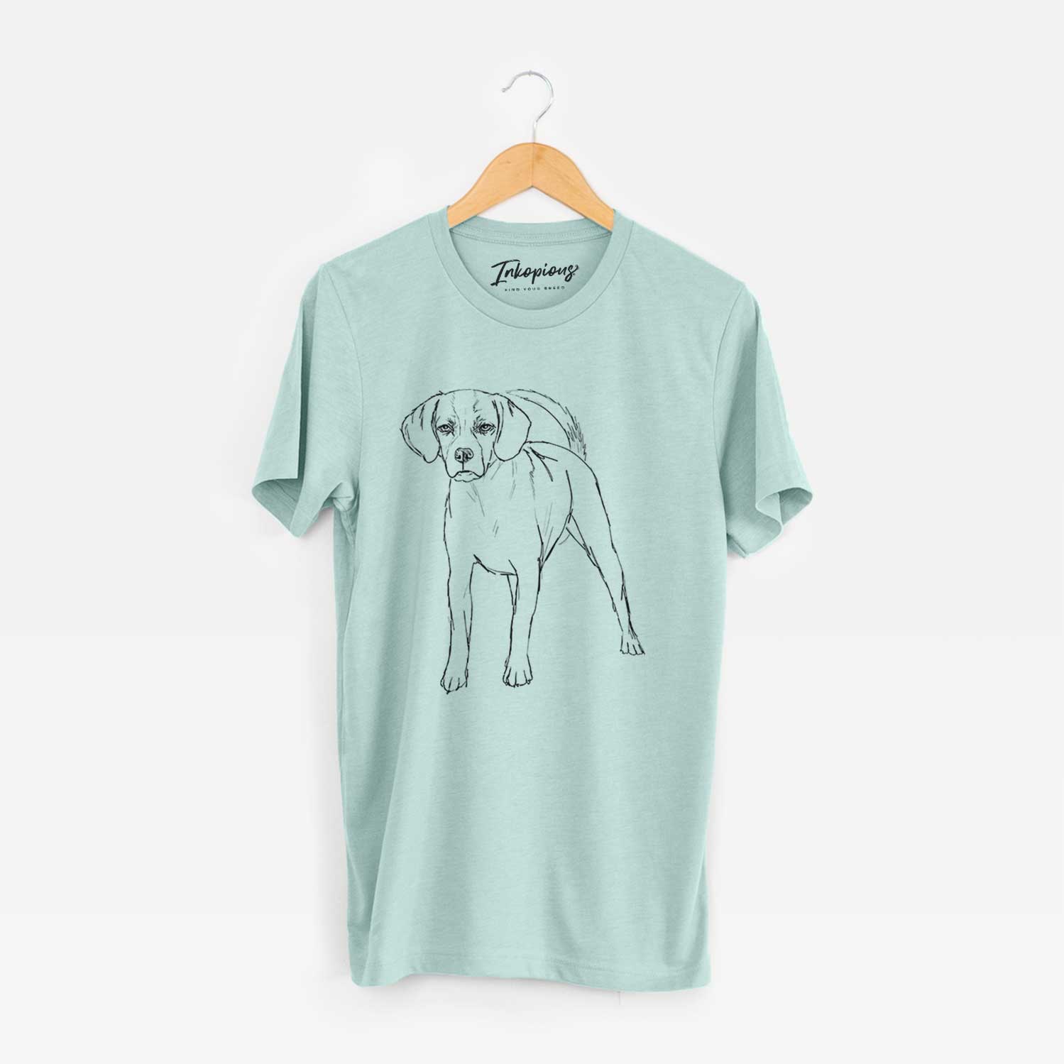 Full-body line drawing of Bentley the Puggle on a Dusty Blue Unisex crewneck