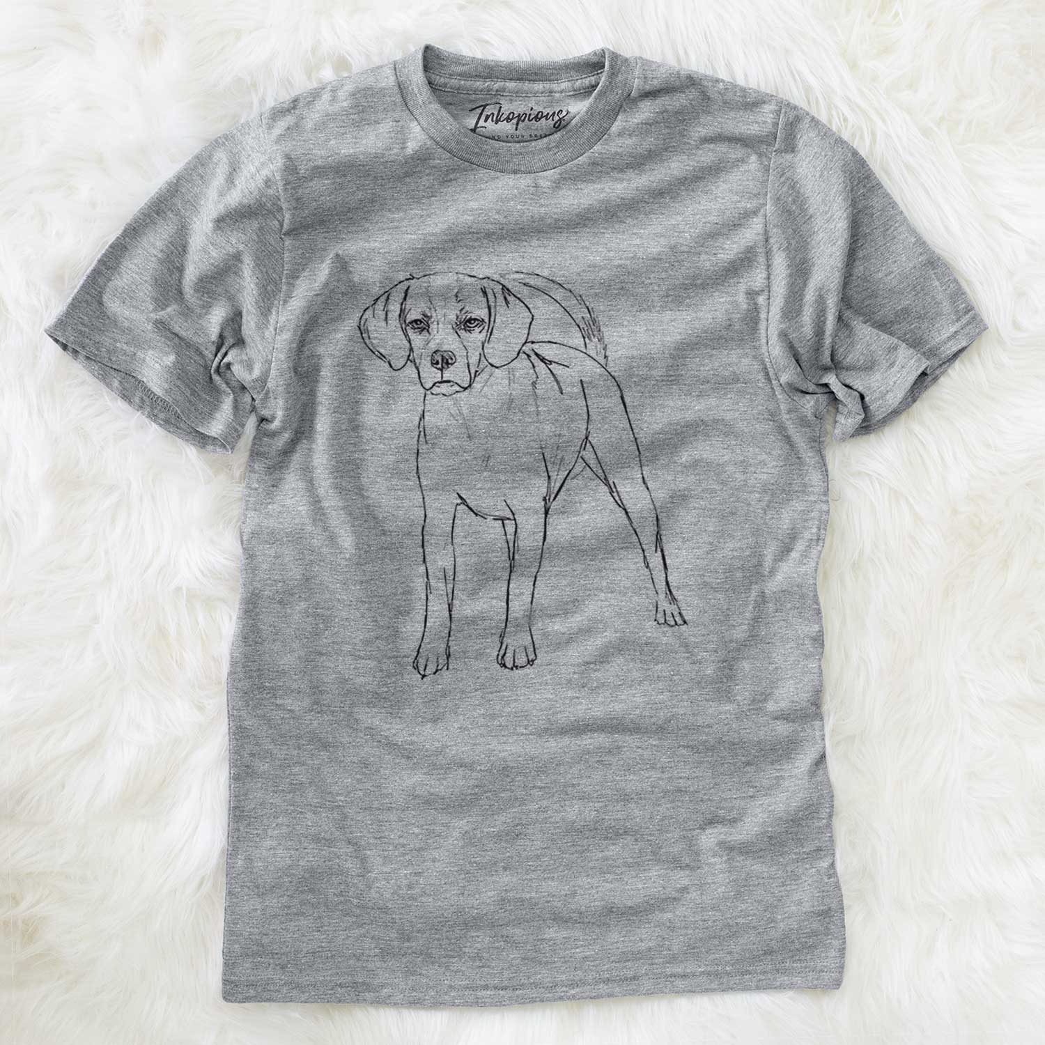 Full-body line drawing of Bentley the Puggle on a Grey Unisex crewneck