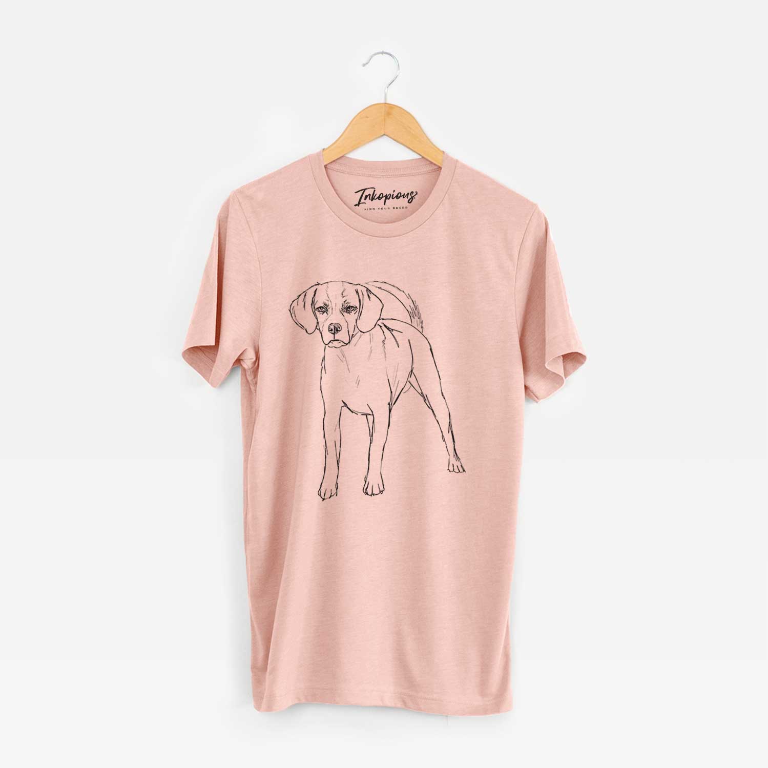 Full-body line drawing of Bentley the Puggle on a Peach Unisex crewneck