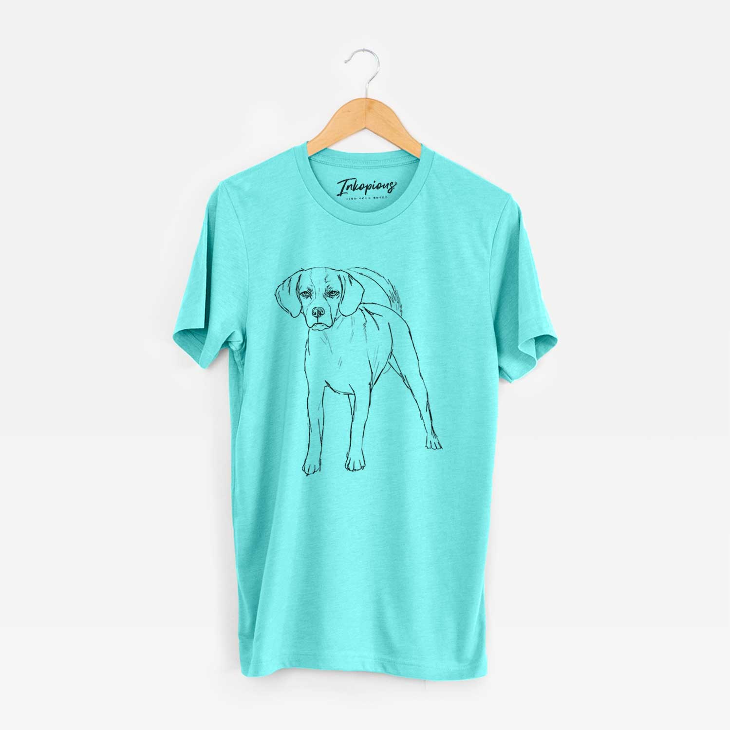 Full-body line drawing of Bentley the Puggle on a Sea Green Unisex crewneck