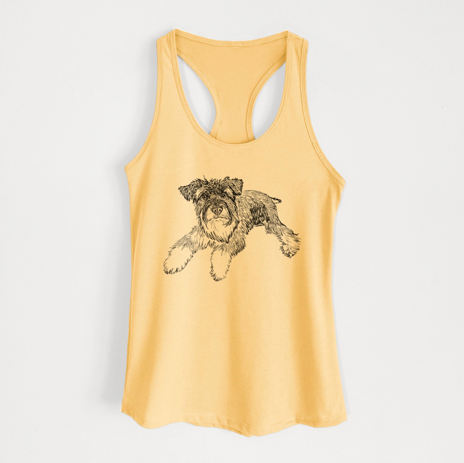 Full-body line drawing of Bentley the Miniature Schnauzer on a Banana Cream Women's racerback tanktop
