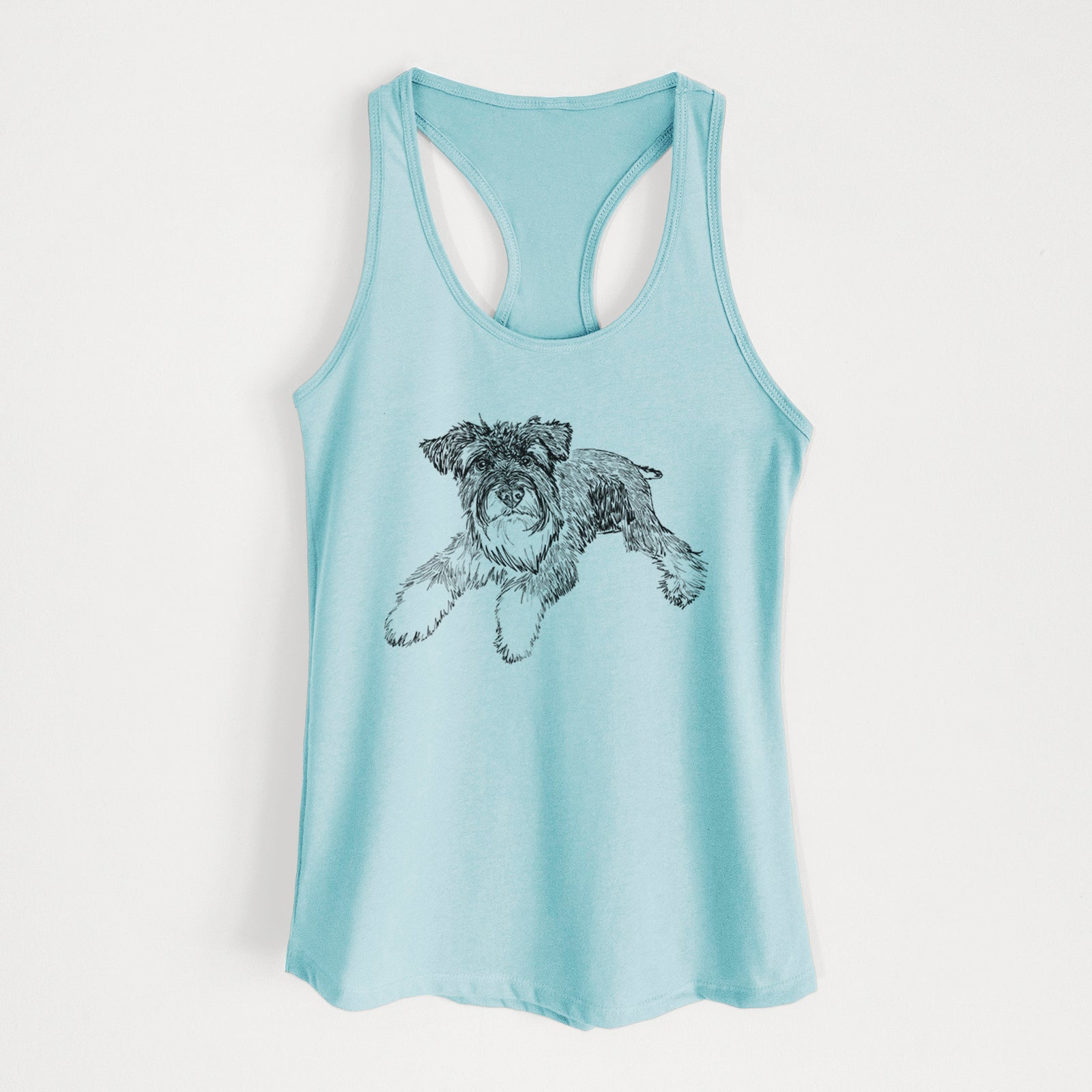 Full-body line drawing of Bentley the Miniature Schnauzer on a Cancun Blue Women's racerback tanktop