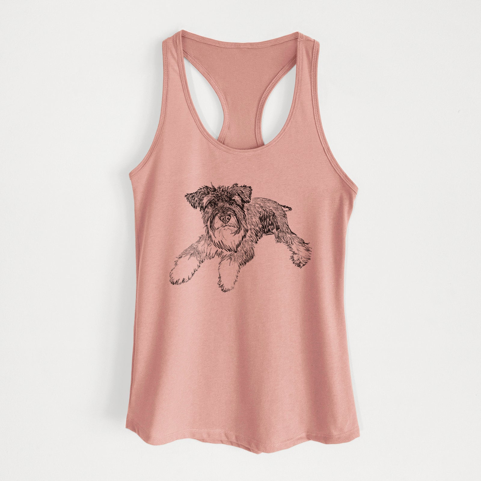 Full-body line drawing of Bentley the Miniature Schnauzer on a Desert Pink Women's racerback tanktop