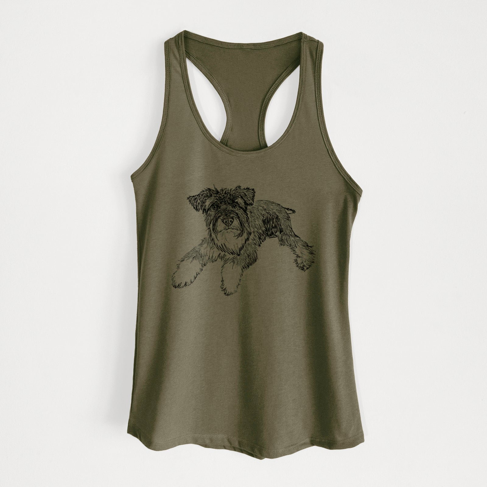 Full-body line drawing of Bentley the Miniature Schnauzer on a Military Green Women's racerback tanktop