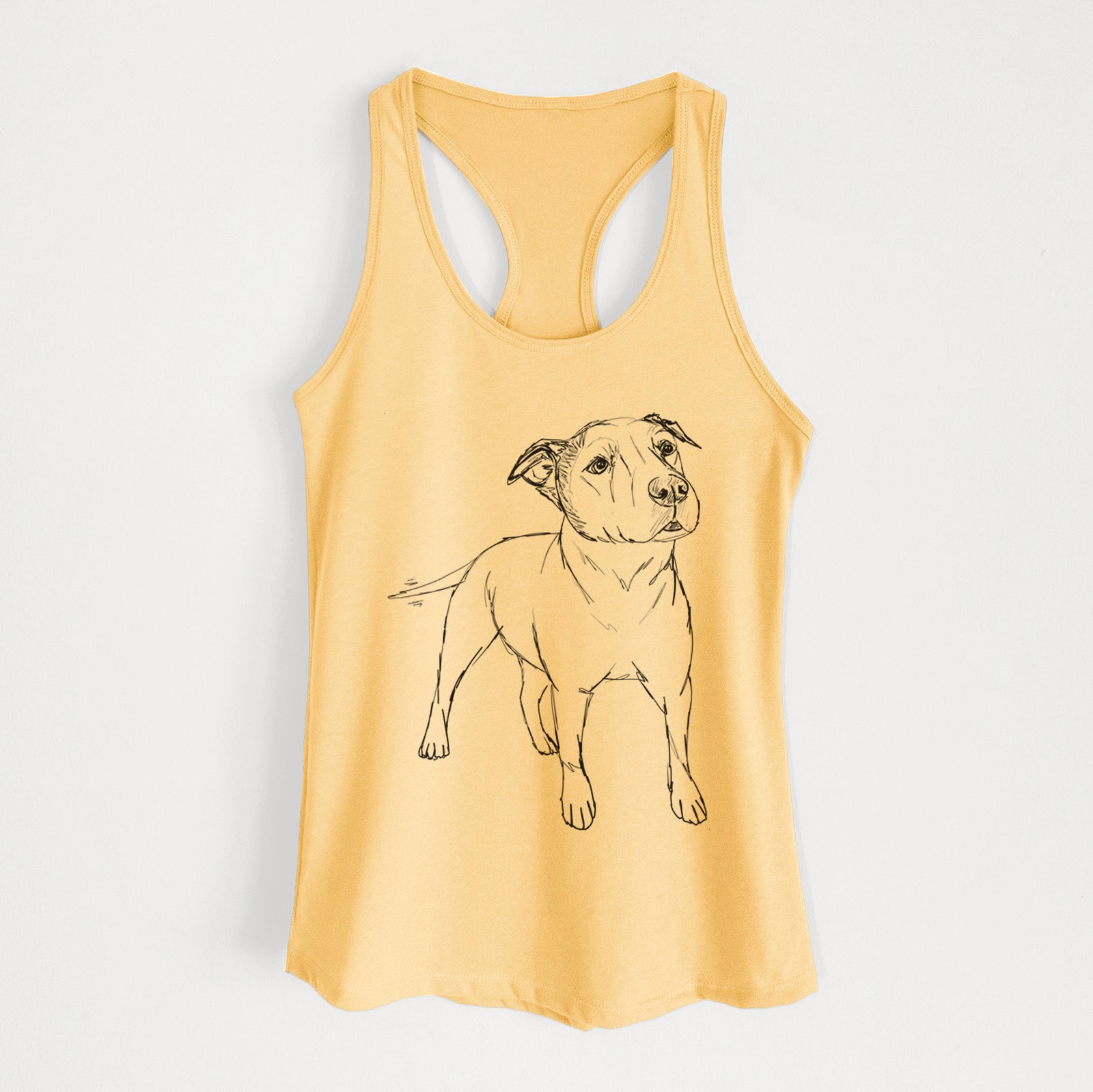 Full-body line drawing of Bruno the American Staffordshire Terrier on a Banana Cream Women's racerback tanktop