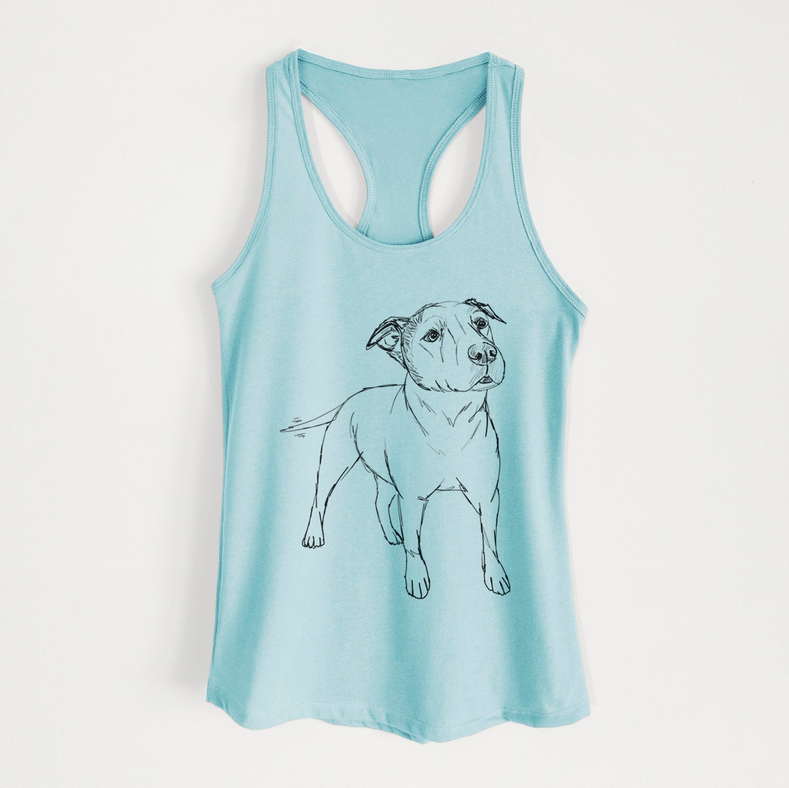 Full-body line drawing of Bruno the American Staffordshire Terrier on a Cancun Blue Women's racerback tanktop