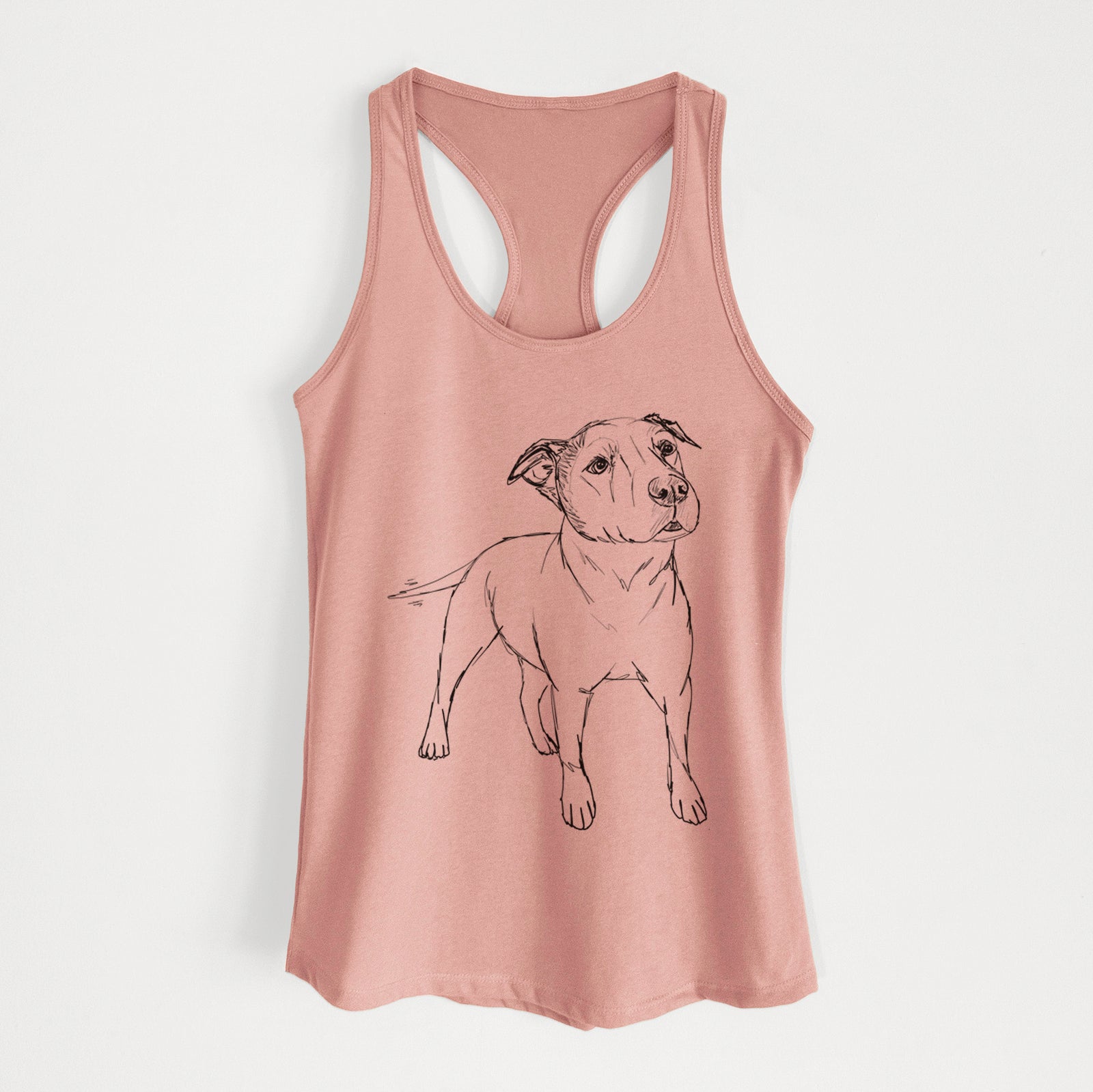 Full-body line drawing of Bruno the American Staffordshire Terrier on a Desert Pink Women's racerback tanktop