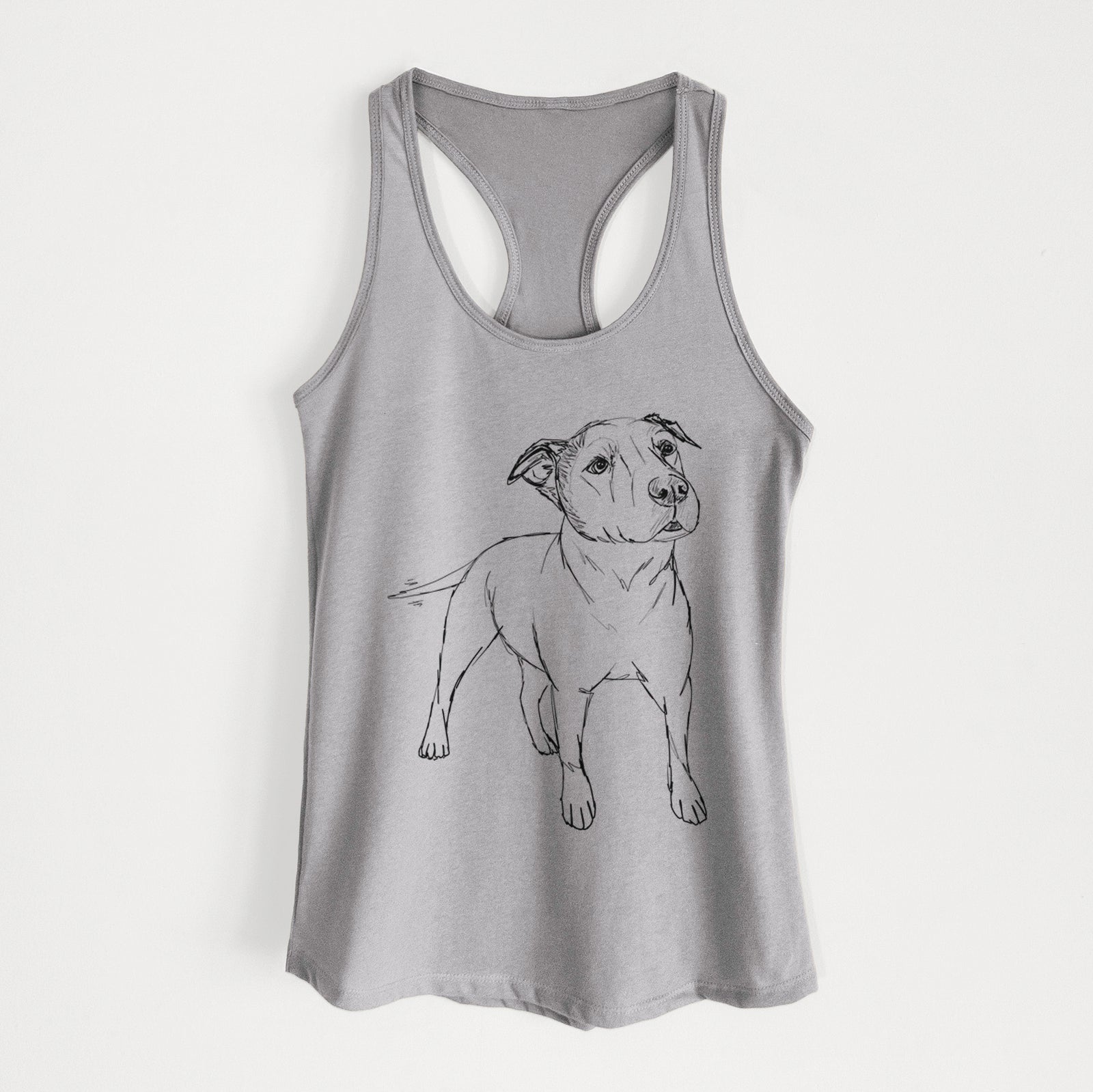 Full-body line drawing of Bruno the American Staffordshire Terrier on a Heather Grey Women's racerback tanktop