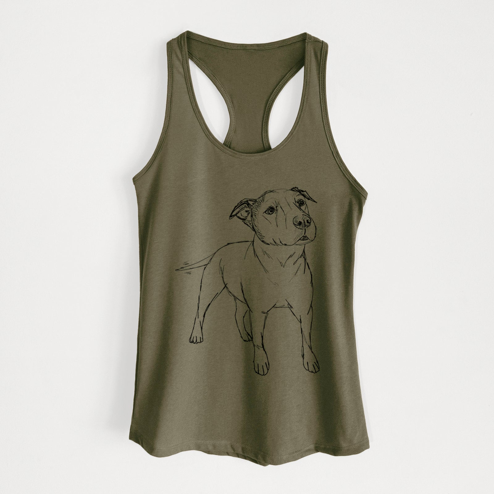Full-body line drawing of Bruno the American Staffordshire Terrier on a Military Green Women's racerback tanktop