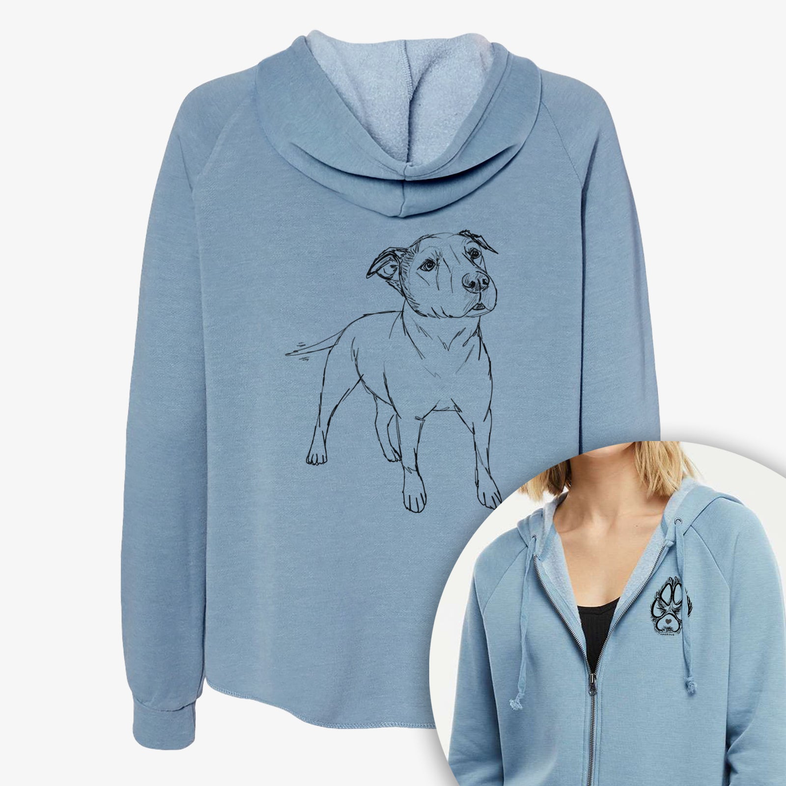 Full-body line drawing of Bruno the American Staffordshire Terrier on a Women's cali wave zip-up sweatshirt, shown with icons of the other available costume styles